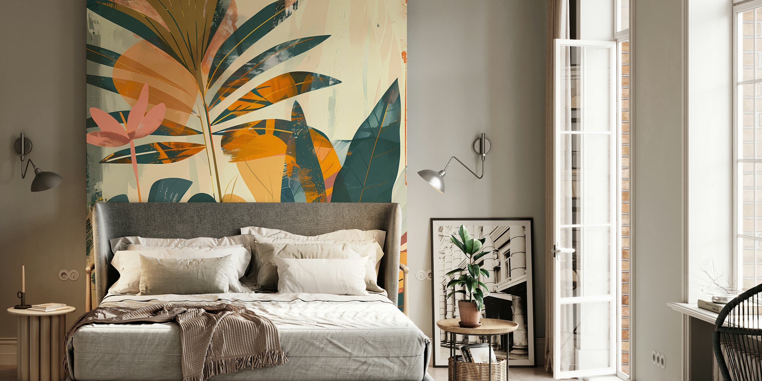 Barevná abstraktní nástěnná malba tropické zahrady s živými botanickými prvky