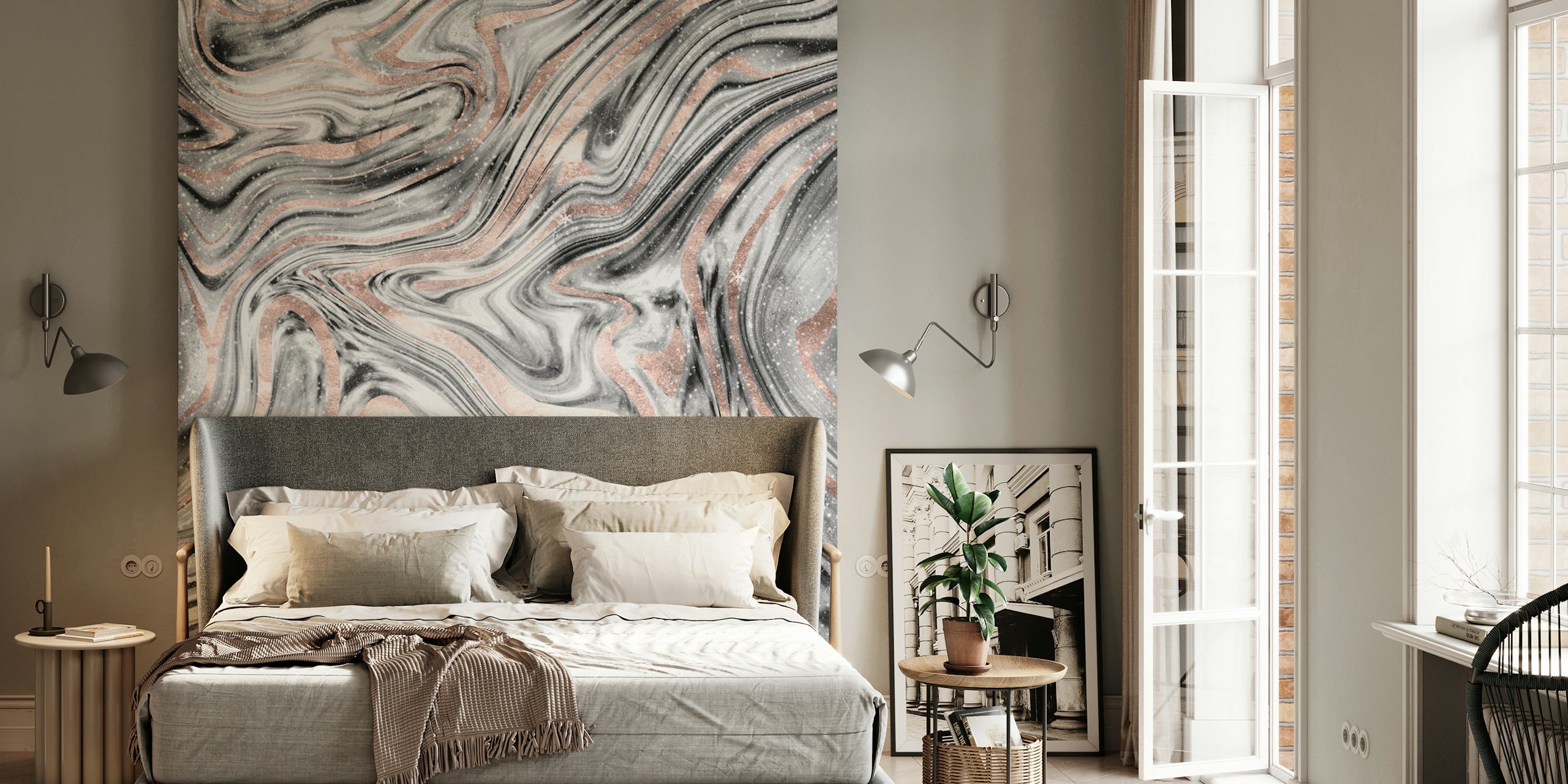 Bohemian-inspired marble pattern wall mural with soft pink and grey swirls