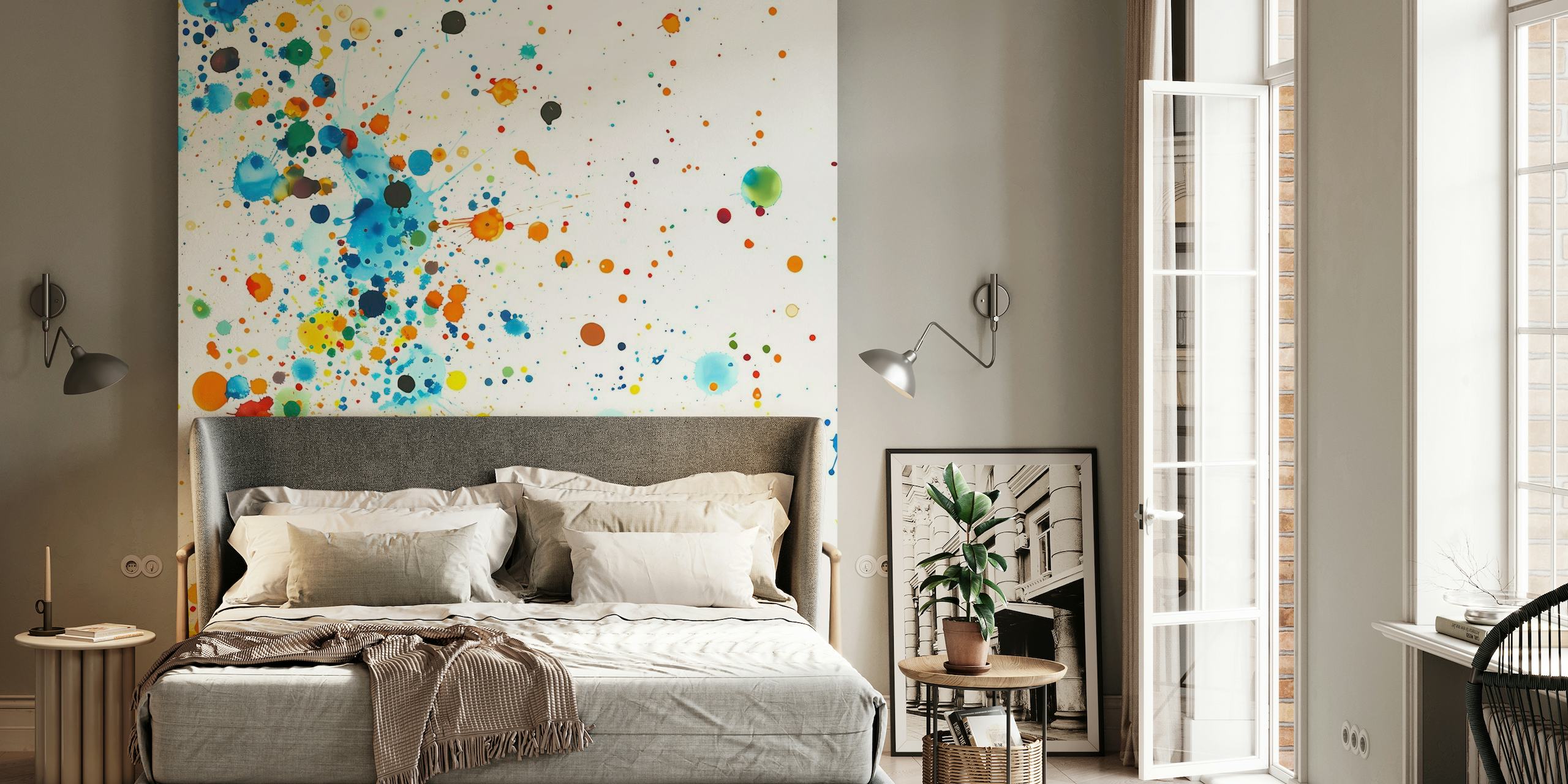 Colorful paint splashes wall mural bursting with vibrant hues on a white background