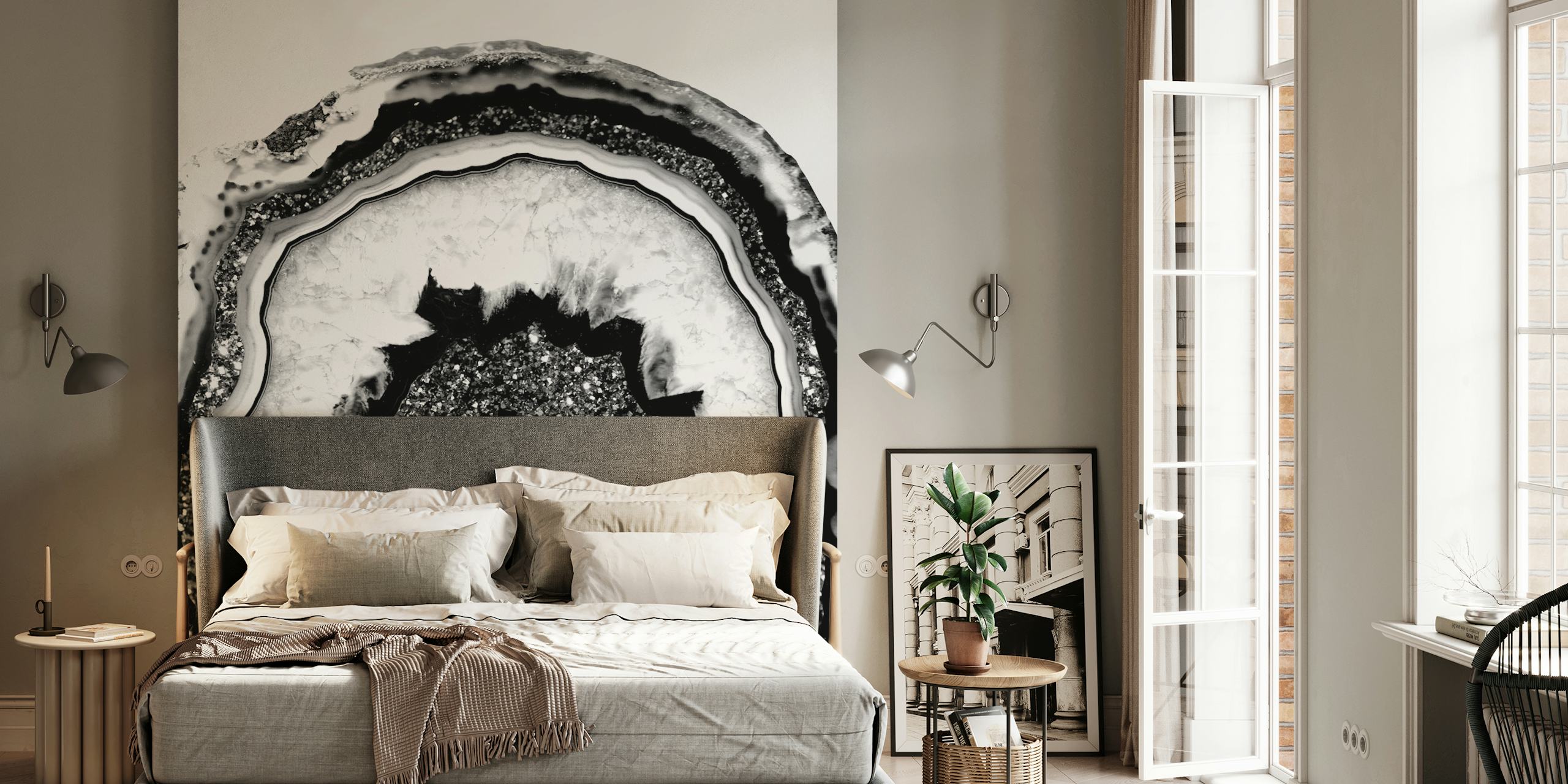 Black and white agate pattern wallpaper with crystal-like details