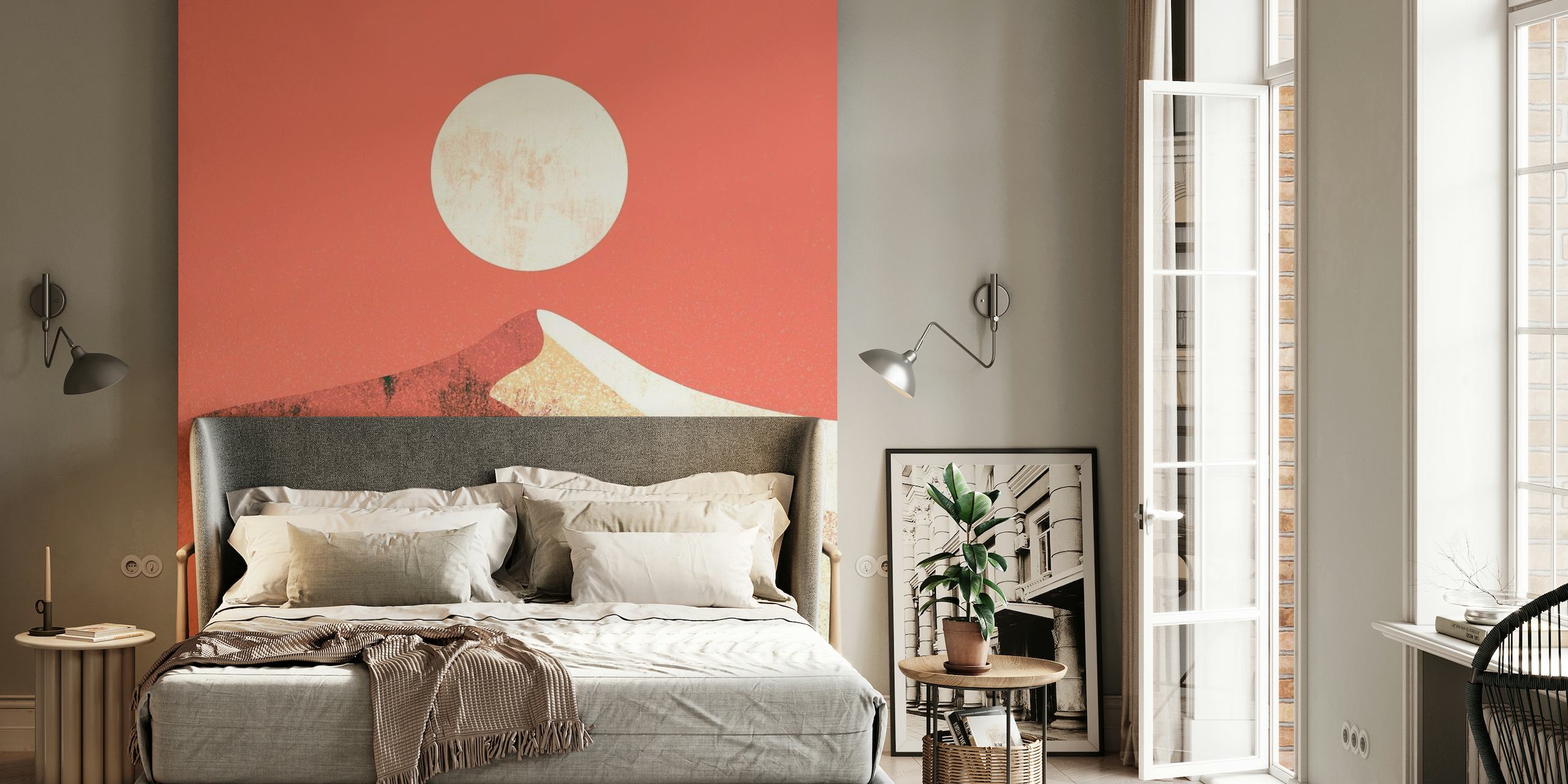 Papier peint mural abstrait paysage de dunes orange avec des teintes de coucher de soleil