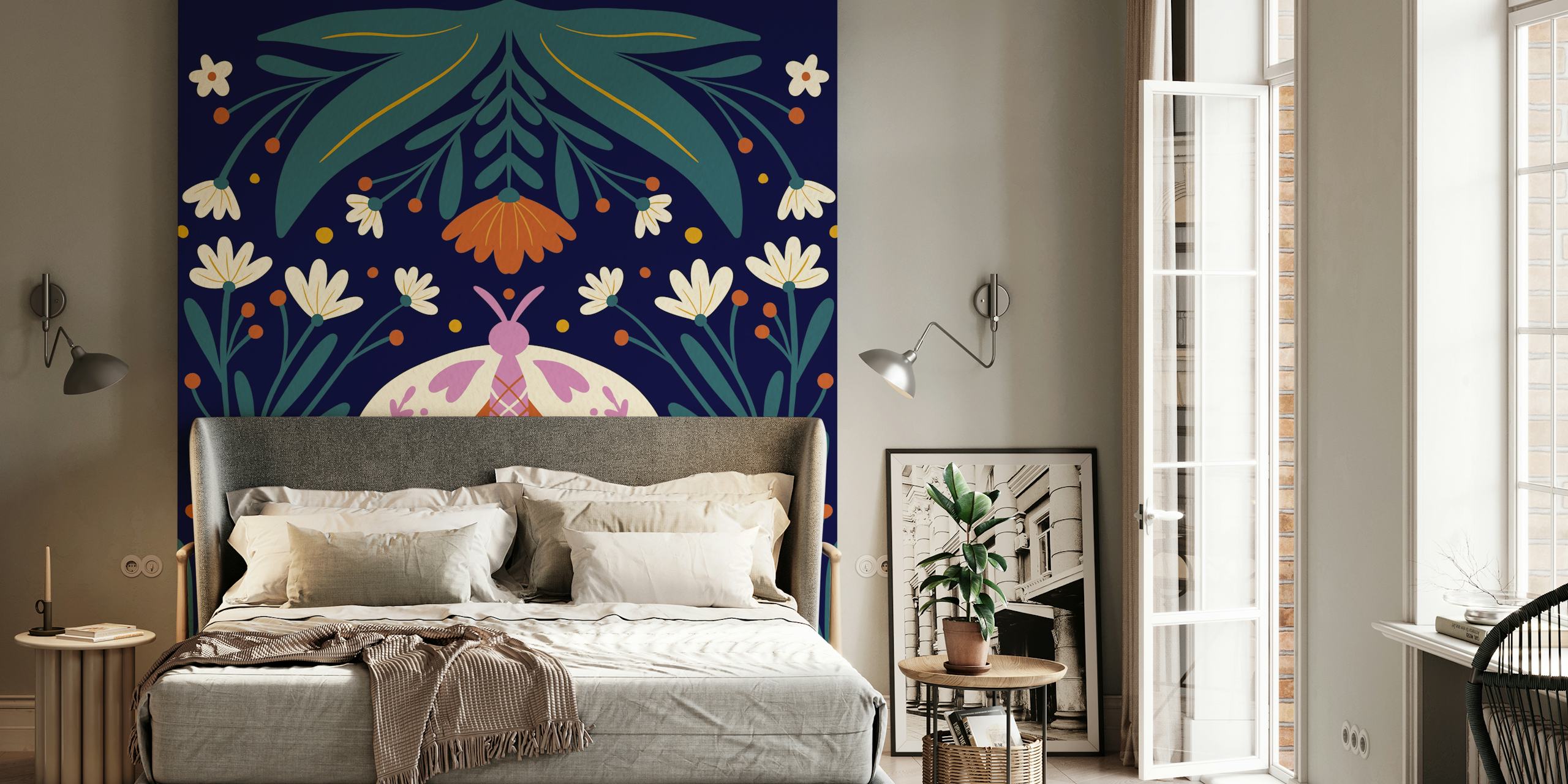 Folk art moth design in orange and cream with floral elements wallpaper