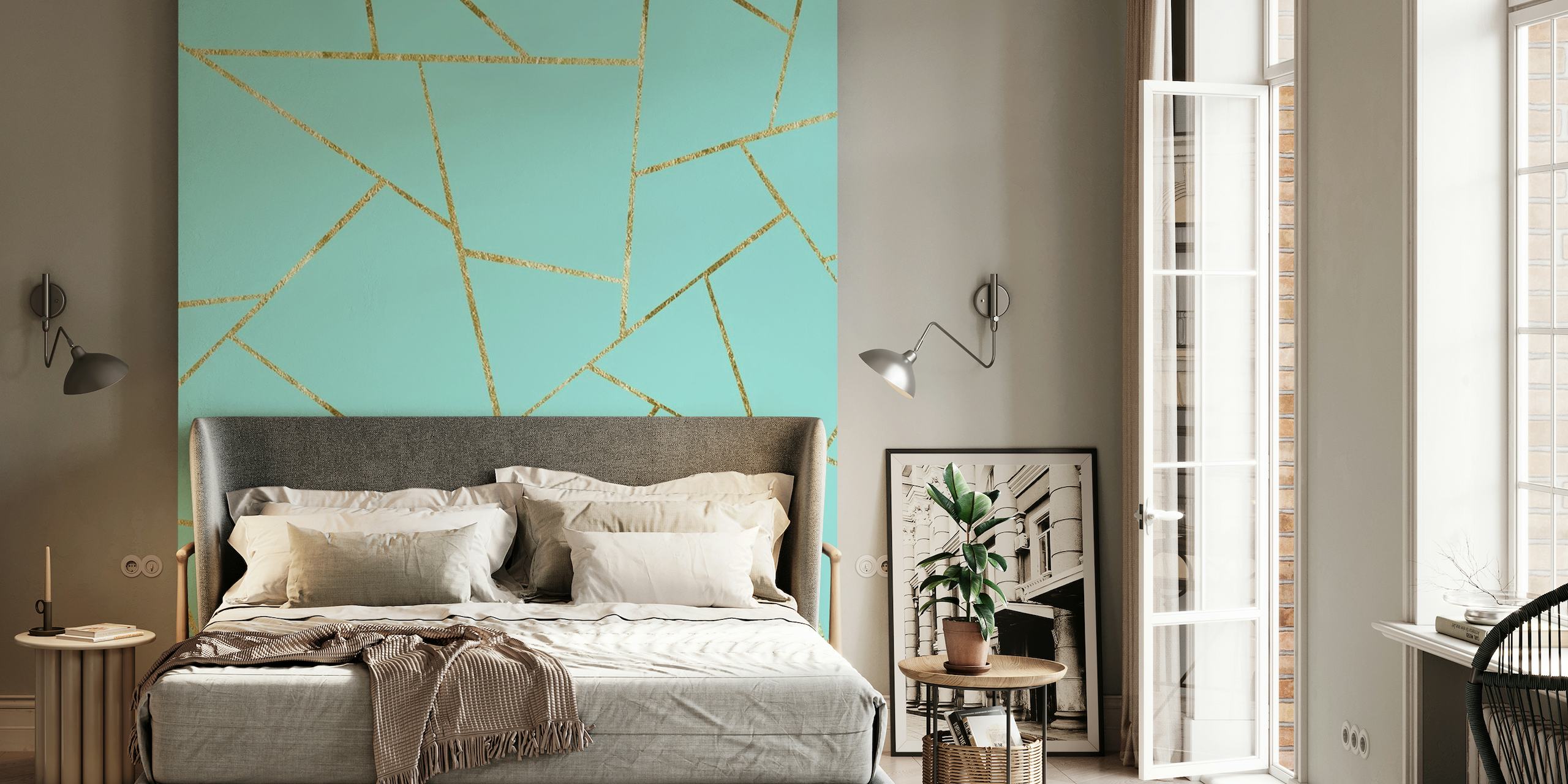 Zartes türkis-goldenes geometrisches Wandbild mit eleganten goldenen Linien