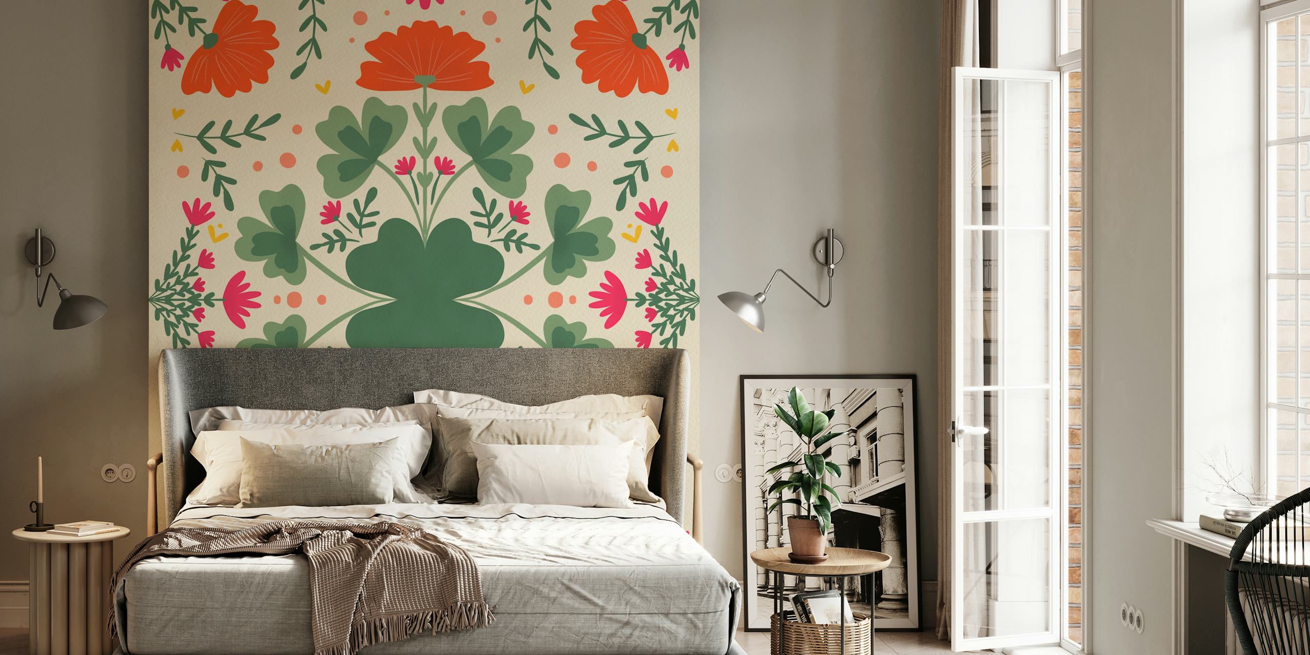 Flowers and clovers behang in een kamer