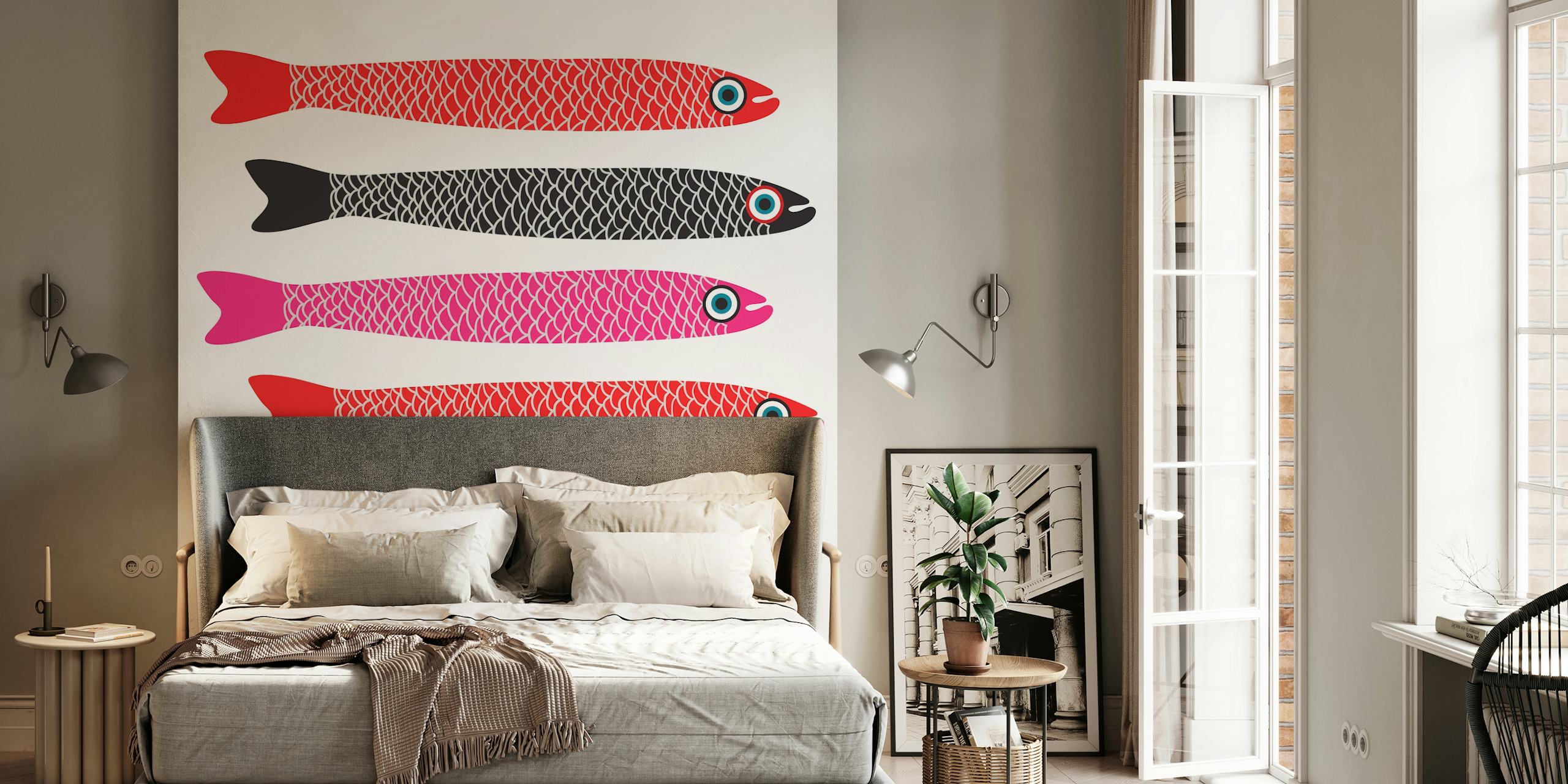 Cartoon fish pattern in red, pink, black colors, retro wallpaper