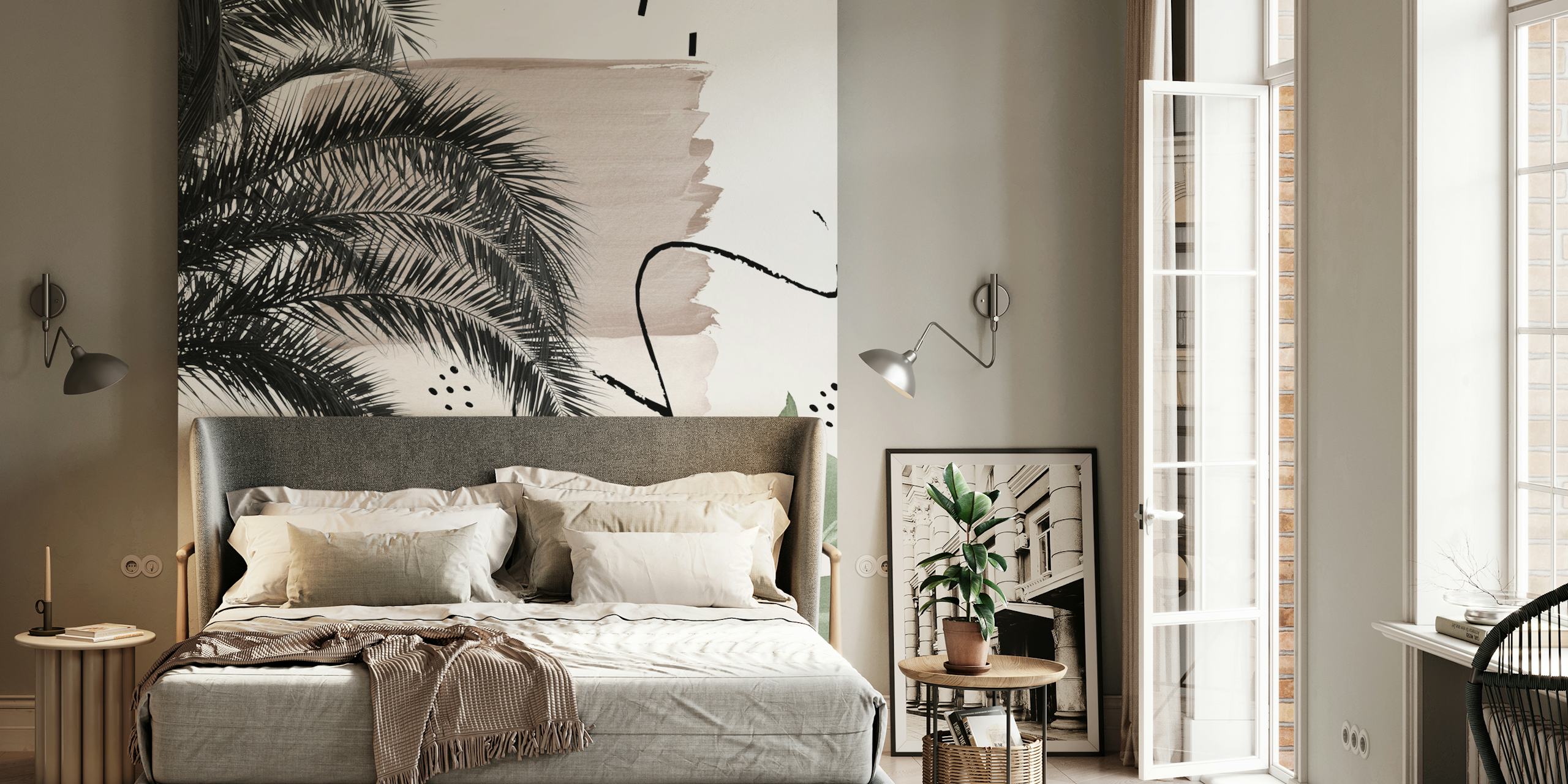Illustration von Bananenpalmenblättern mit künstlerischen neutralen Strichen auf einem Wandbild