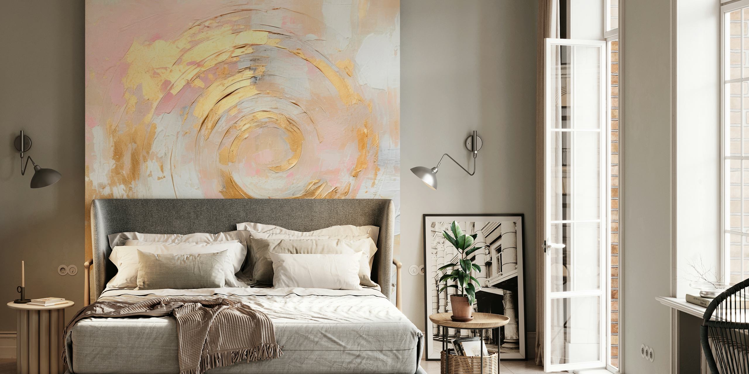 Gold spiral pattern with pink and white swirls abstract wallpaper