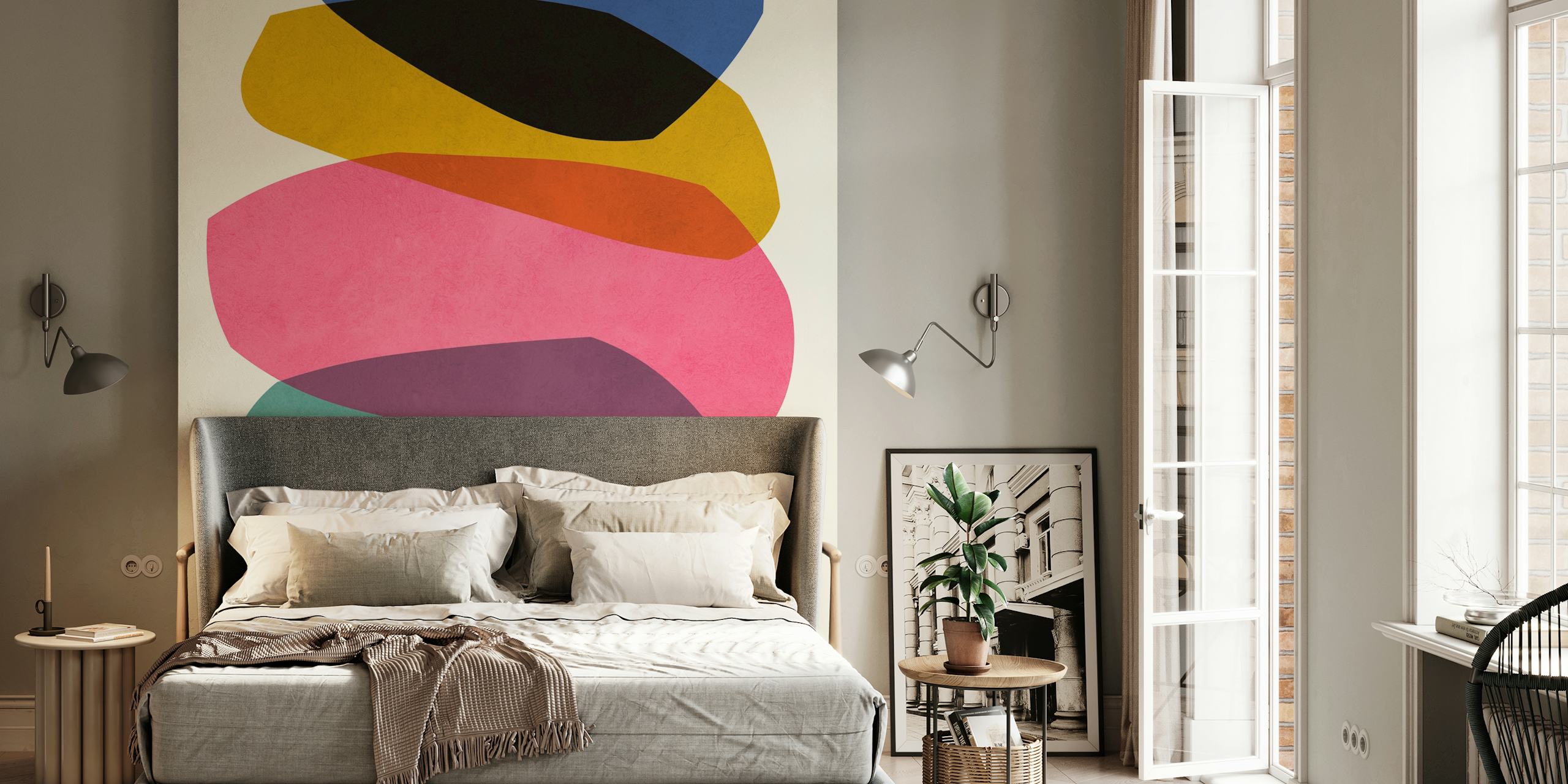 Colorful abstract shapes in layered design on cream background wallpaper