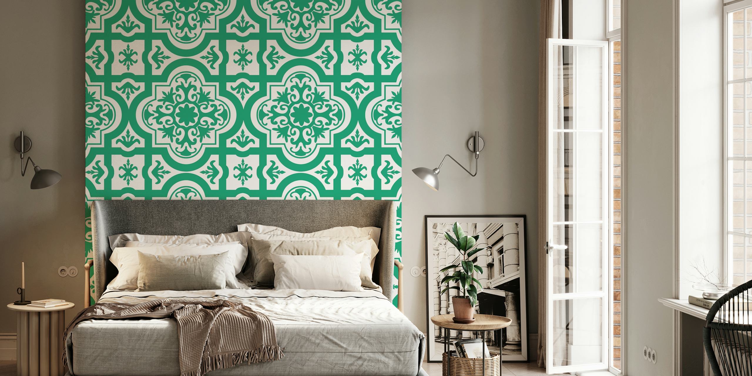 Turkish green and white διακοσμημένο σχέδιο τοιχογραφίας