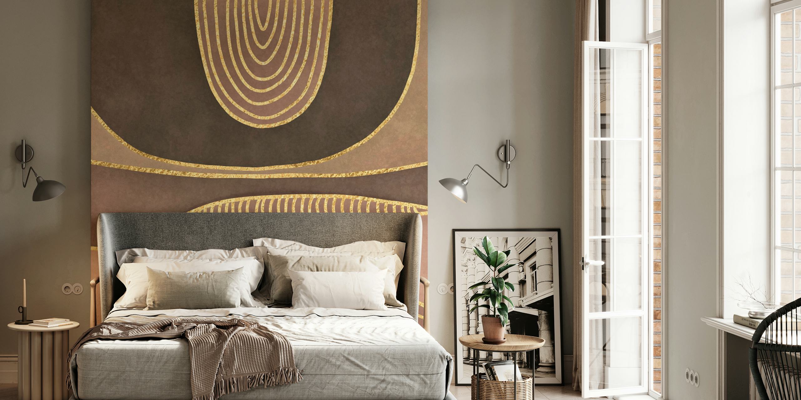 Αφηρημένη τοιχογραφία mid-century με καφέ και χρυσές Shapes