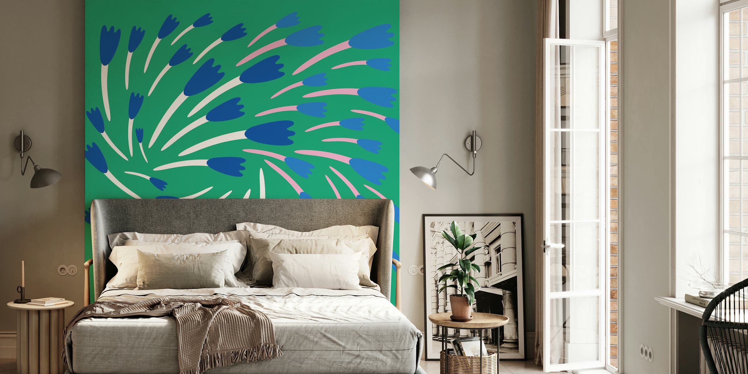 Een abstracte bloementuinmuurschildering met tinten bosgroen en blauw waardoor een bloemachtig patroon ontstaat
