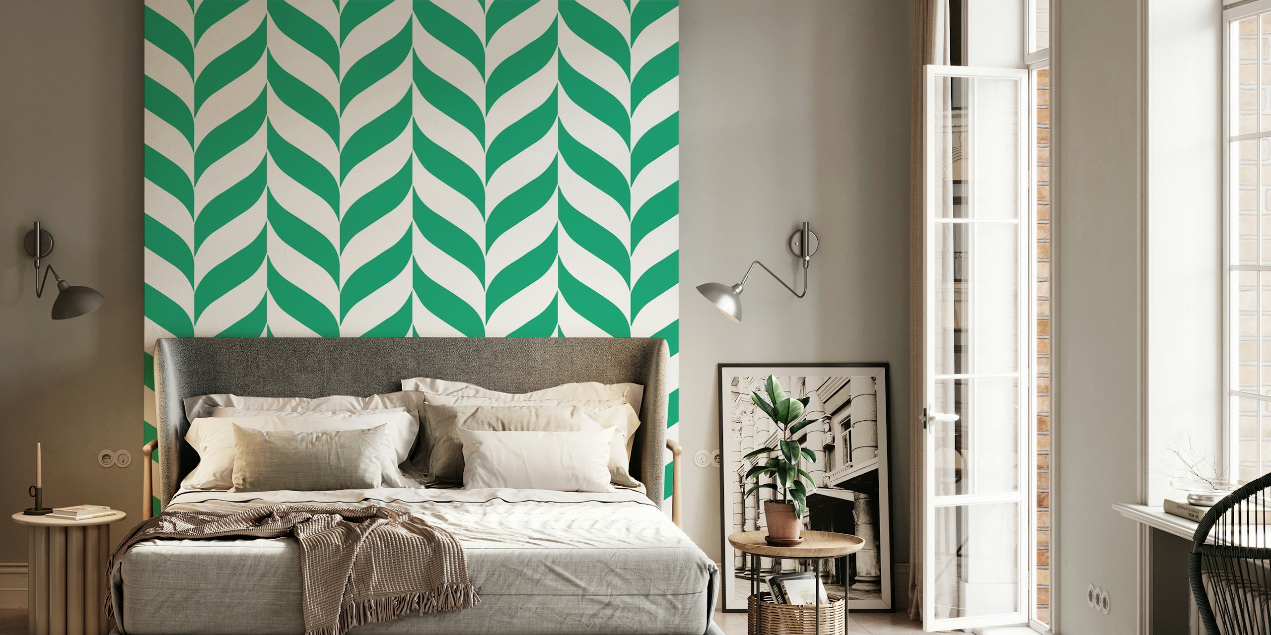 Chevron moss green white ovals tapet i et rum
