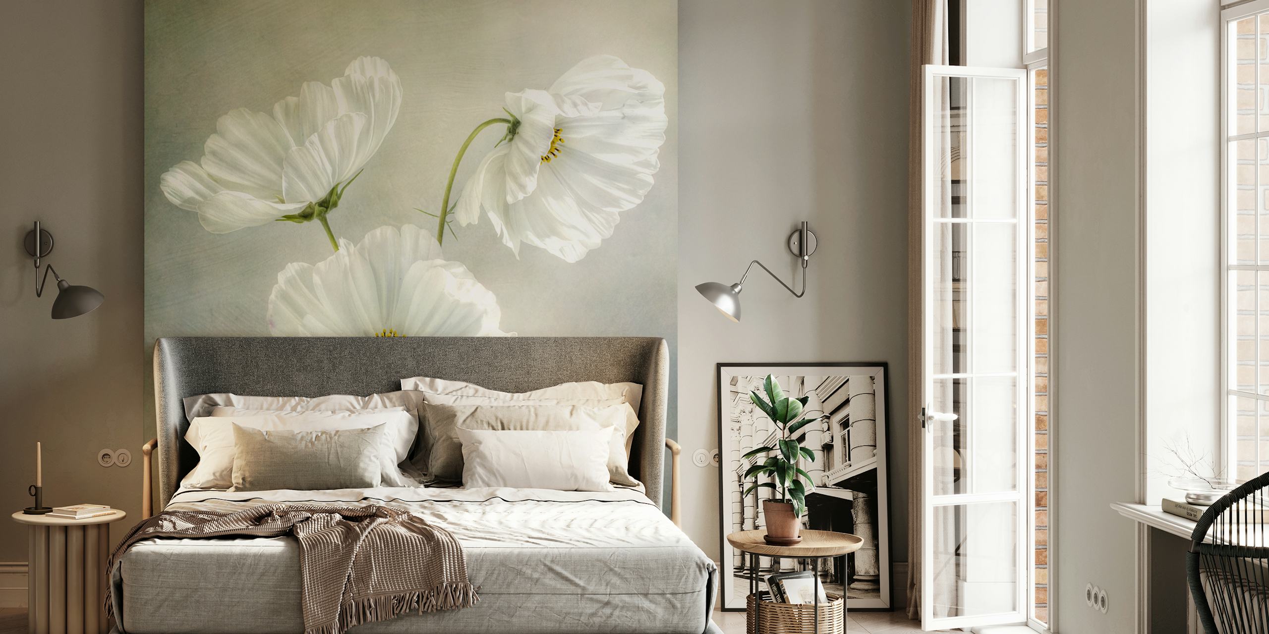 White floral design on muted background wallpaper