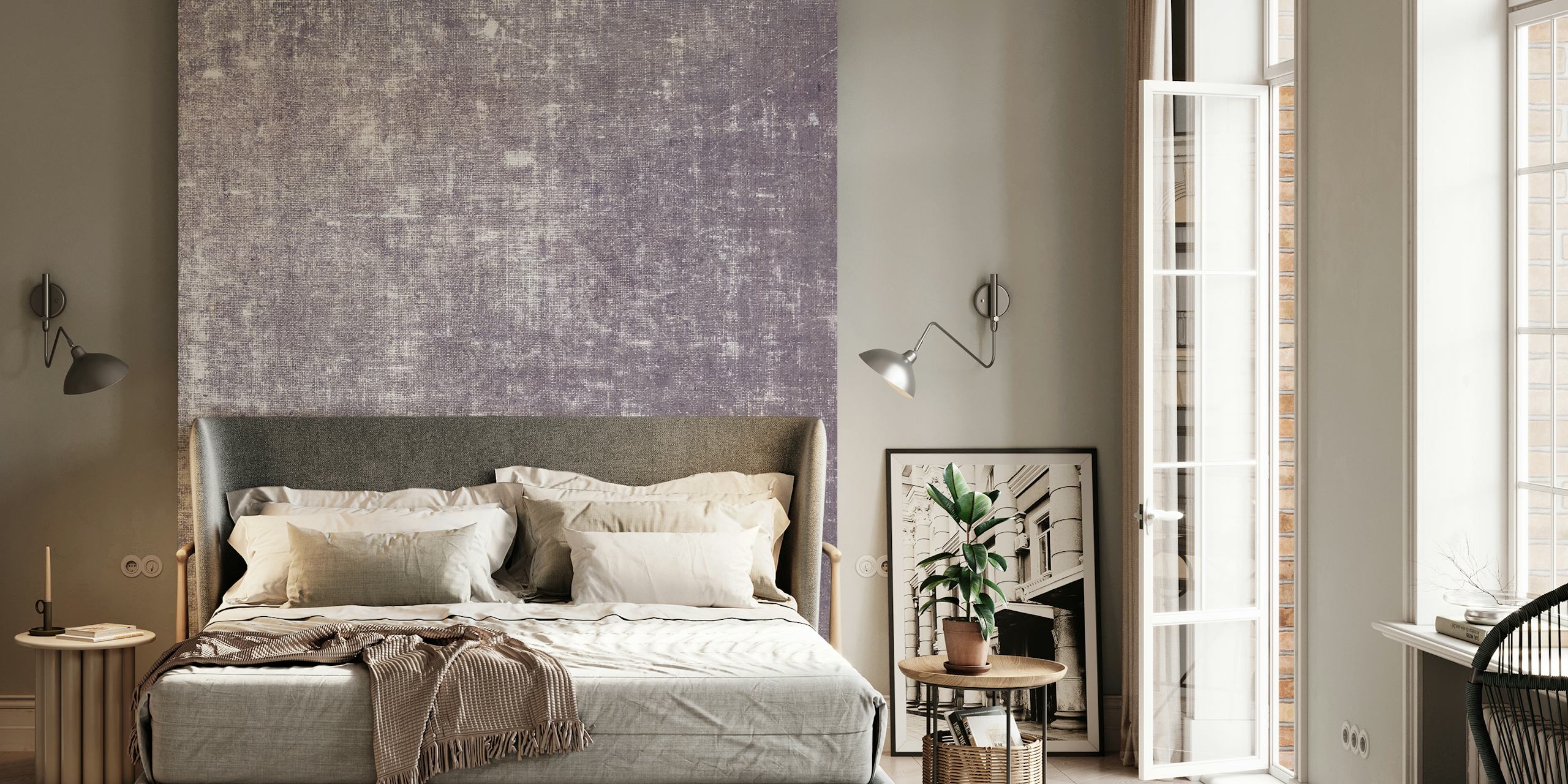 Textured lilac linen wallpaper with a vintage appearance