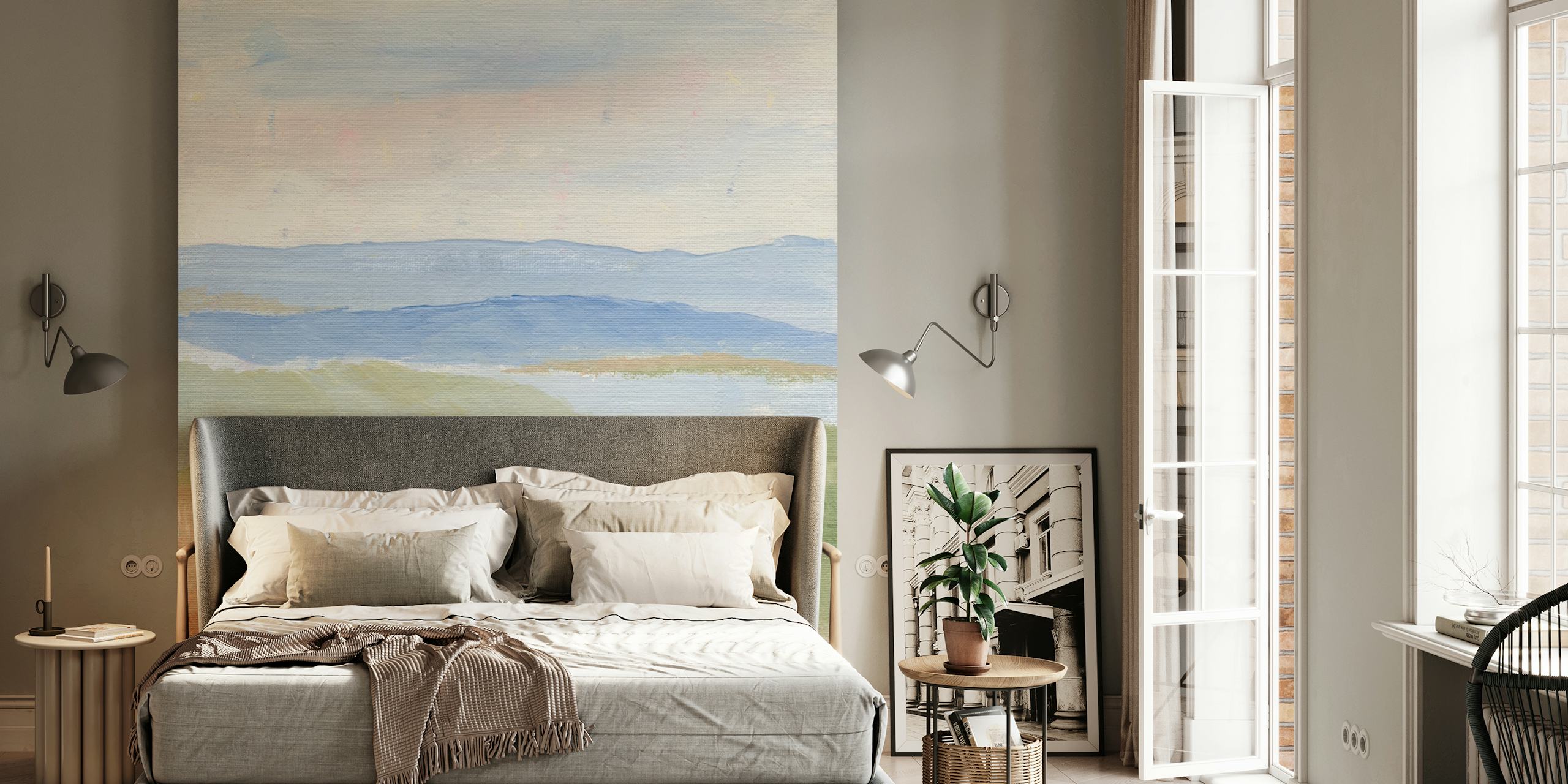 Aquarell-Landschaftswandbild, das eine ruhige Szene nach Regenfällen mit sanftem Grün und fernen Hügeln zeigt