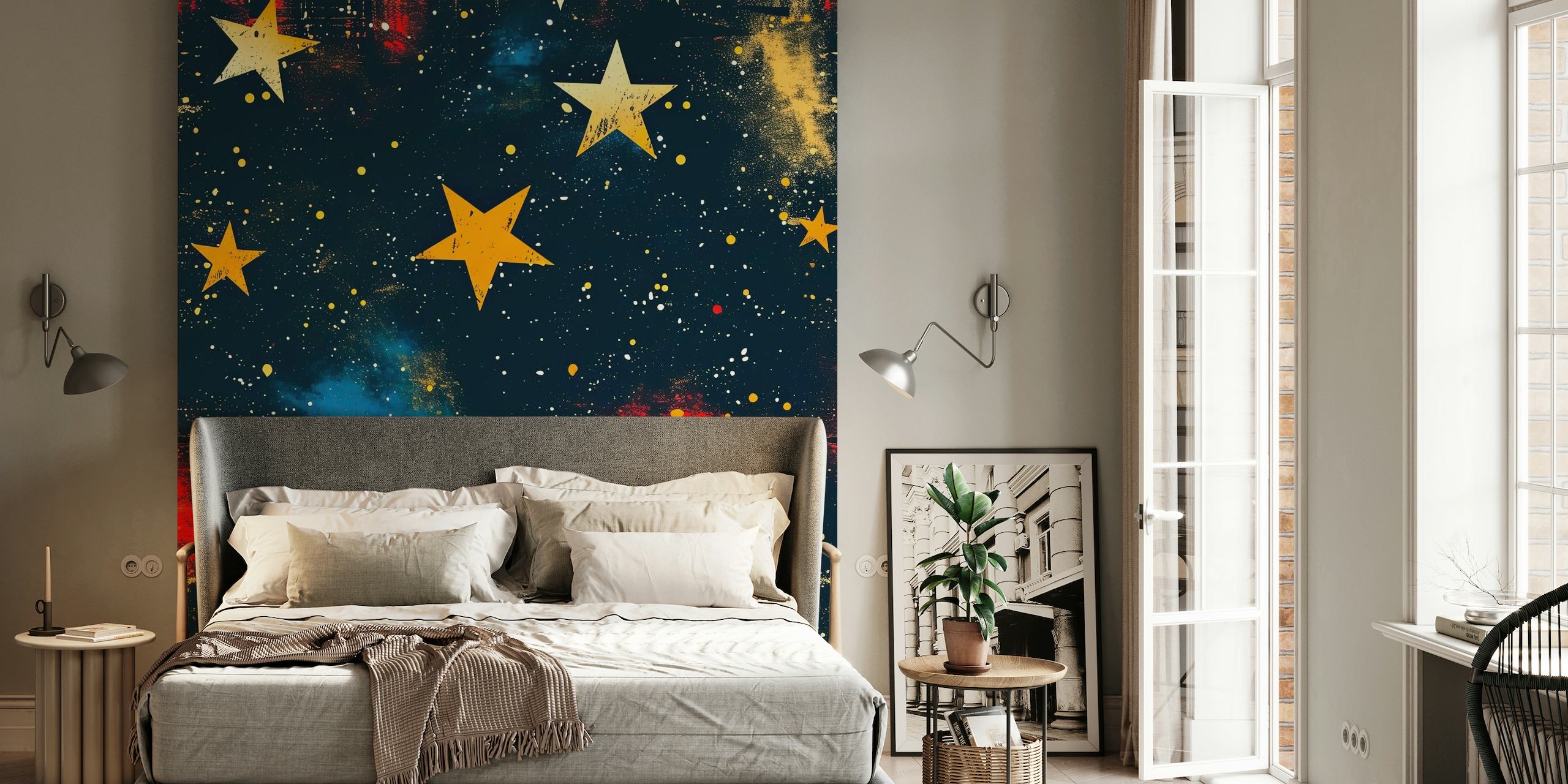 The Stars Above wall mural with vibrant stars and nebulae on dark background