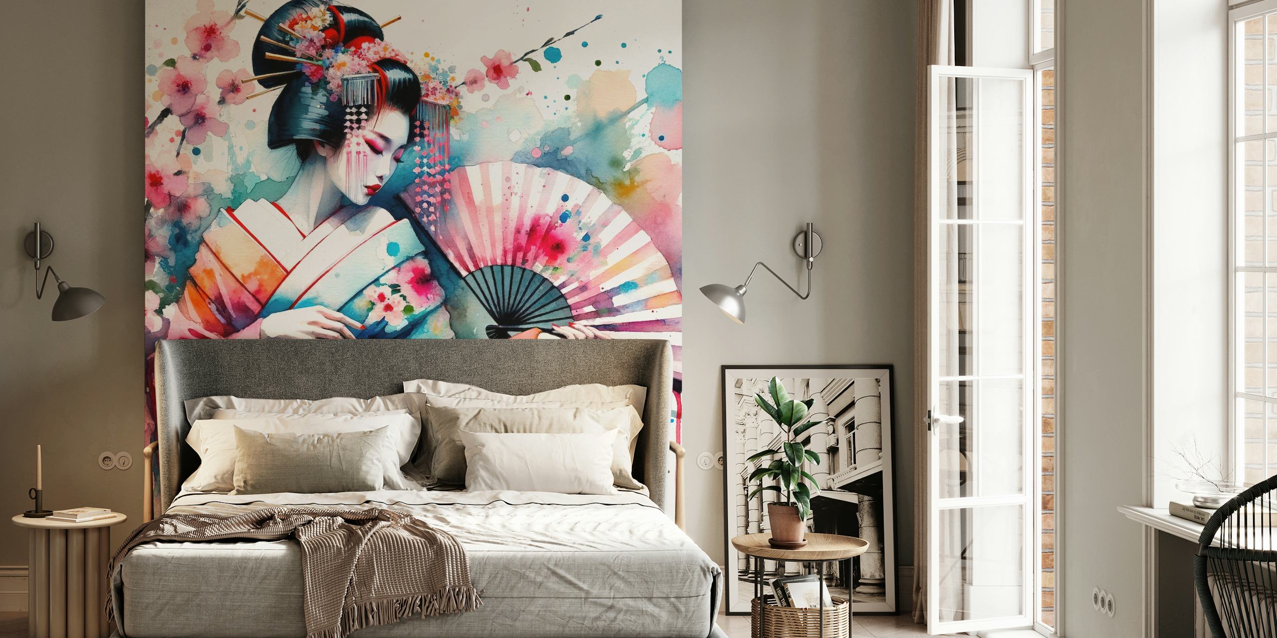 Papel tapiz Watercolor Geisha Dancer en una habitación