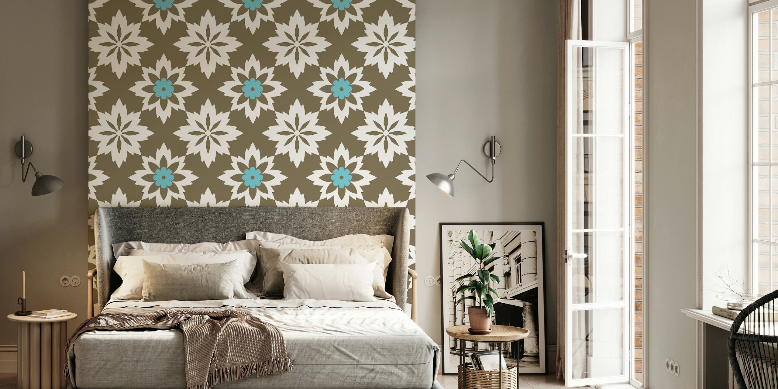 Moorish-inspired floral ornament wall mural in brown and teal blue