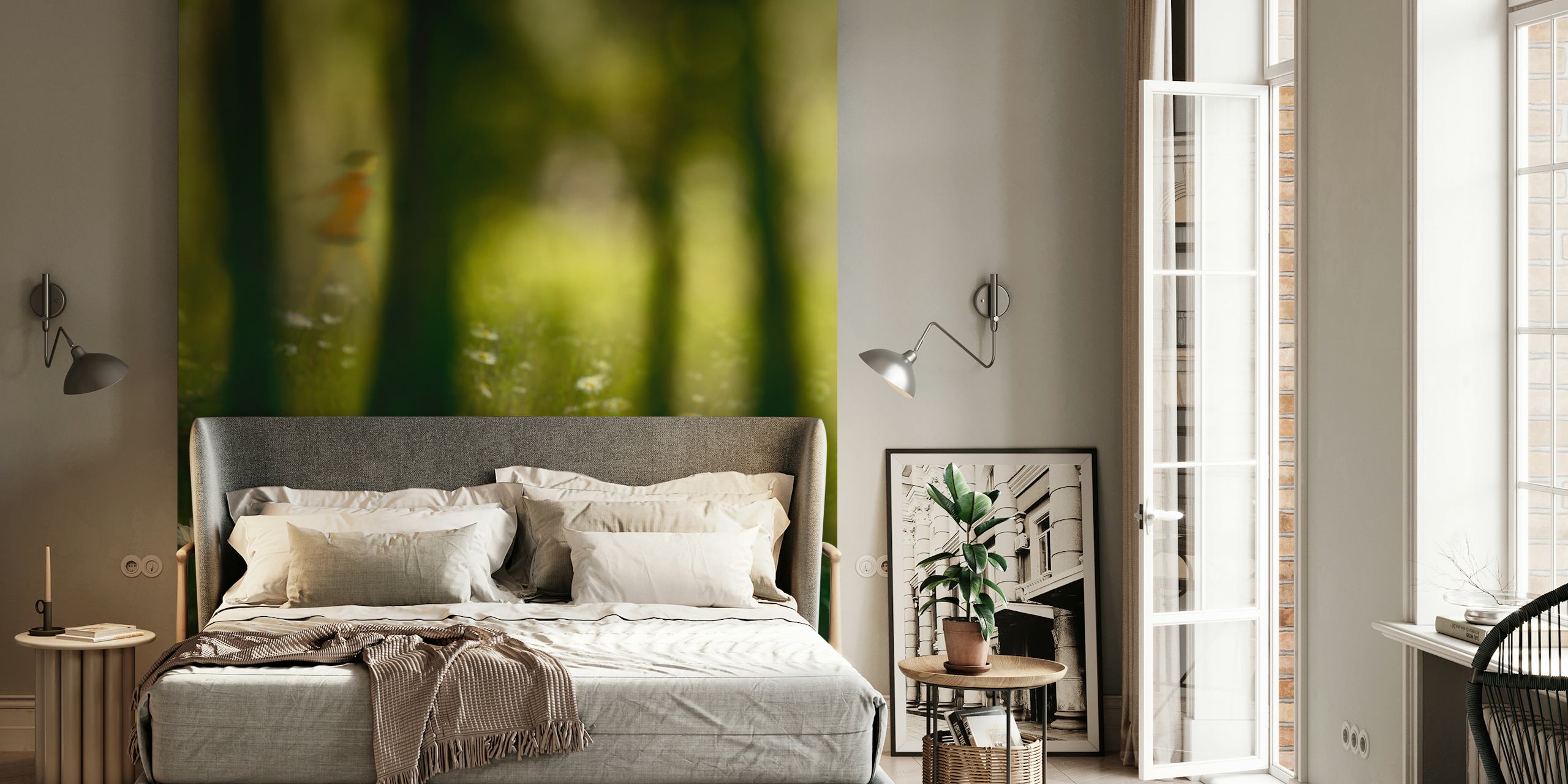 Nature-inspired wallpaper with daisies and woods