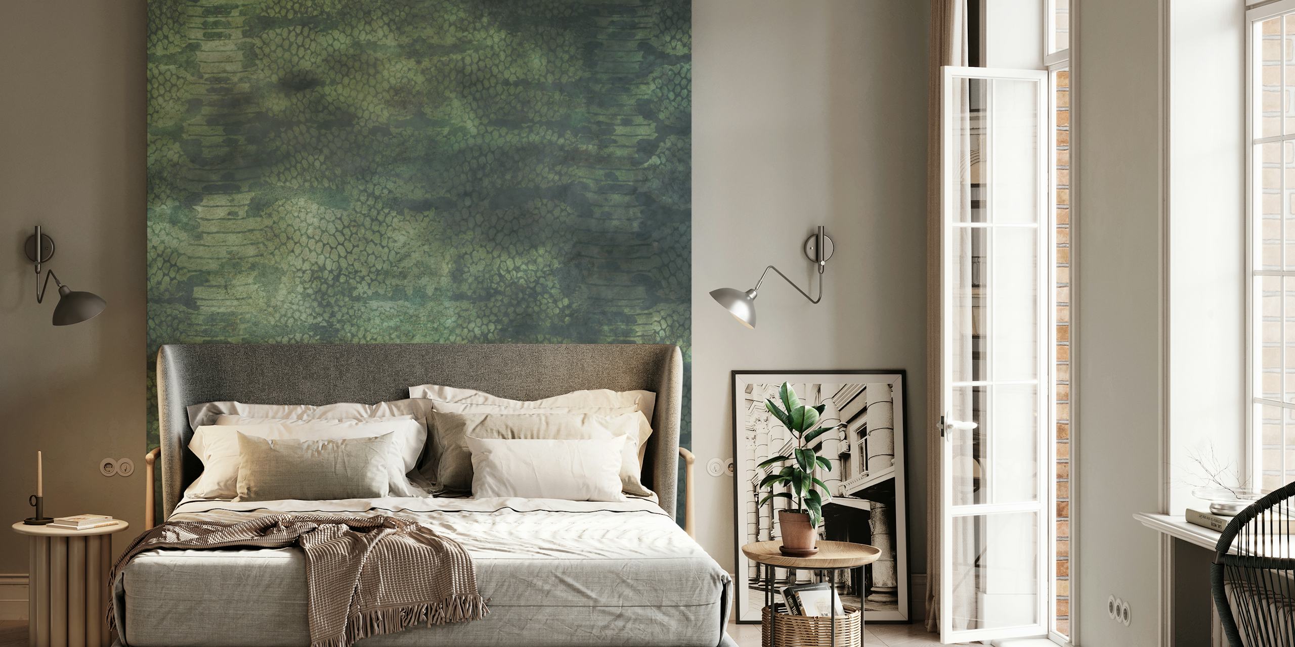 Papel tapiz Snake skin - Bottle Green en una habitación elegante
