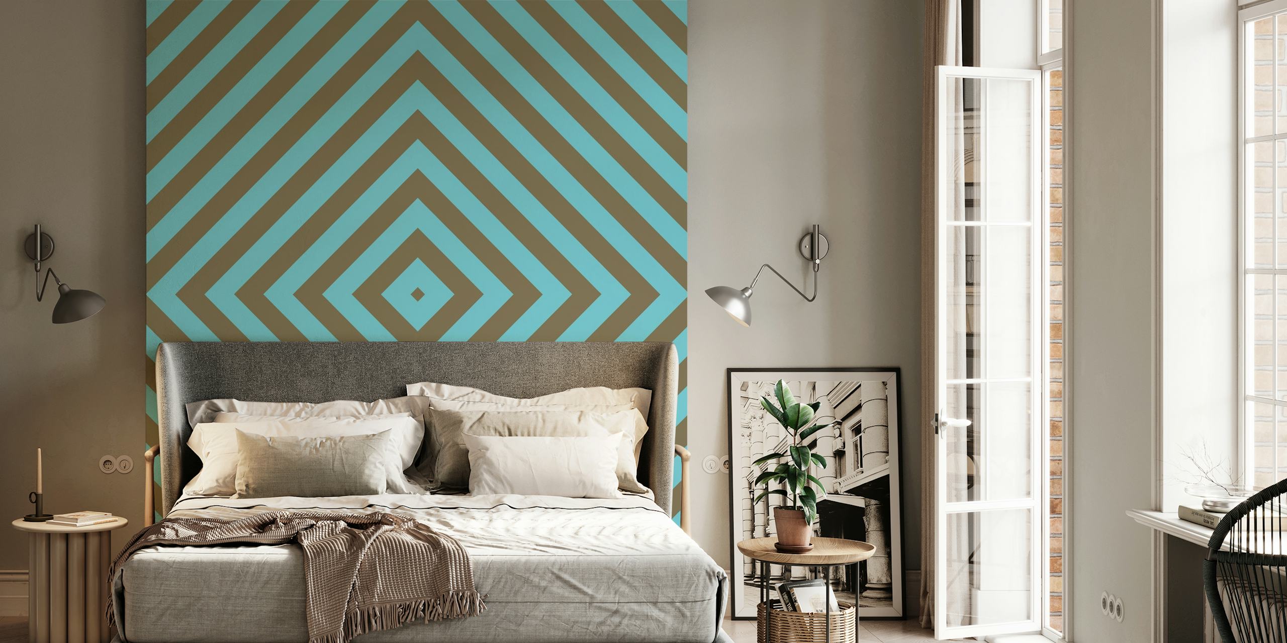 Square Illusion Geometric Stripes vægmaleri med blågrønne og brune nuancer