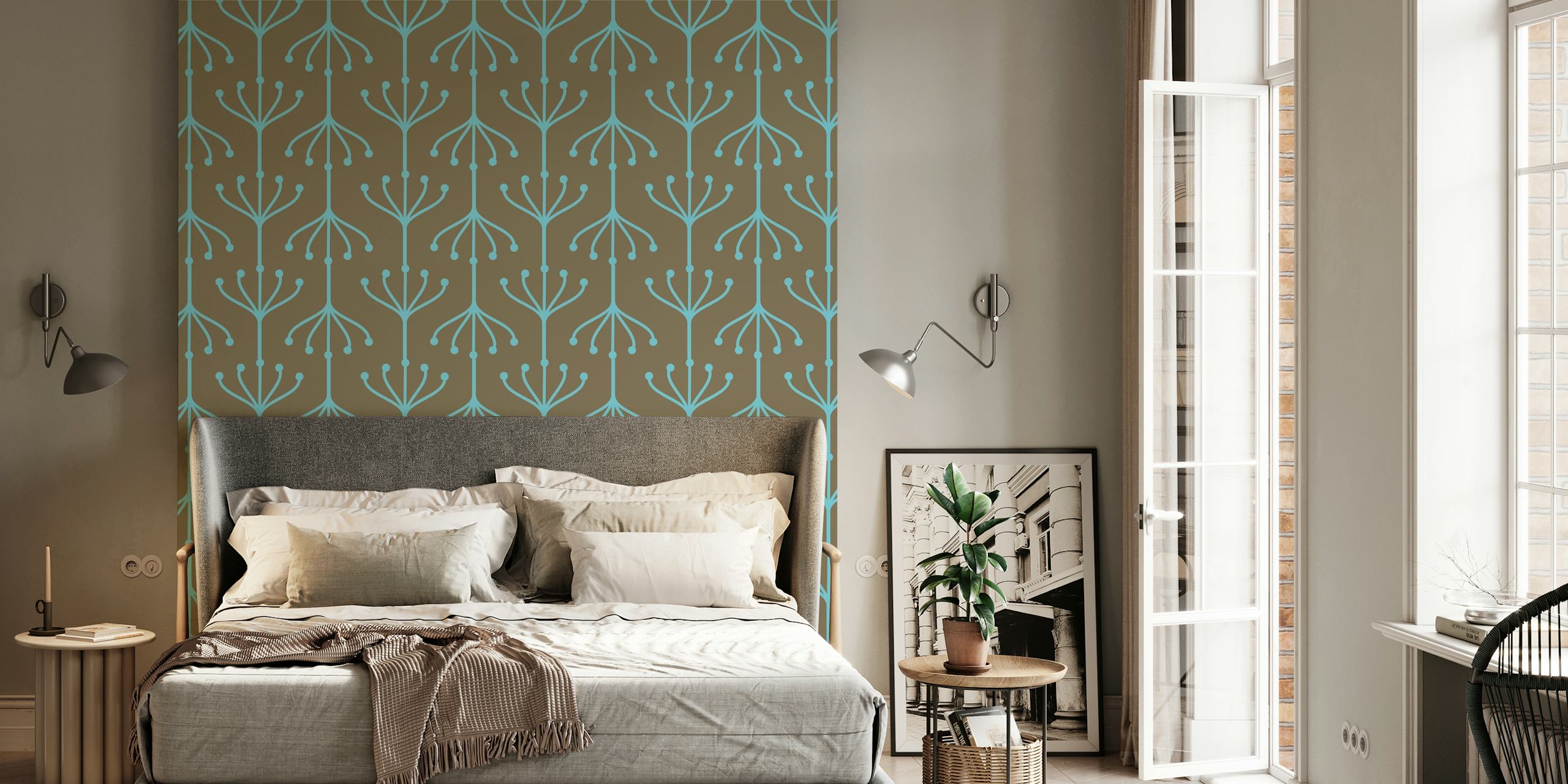 Taupe Floral Ornaments Stripes papel de parede em um quarto