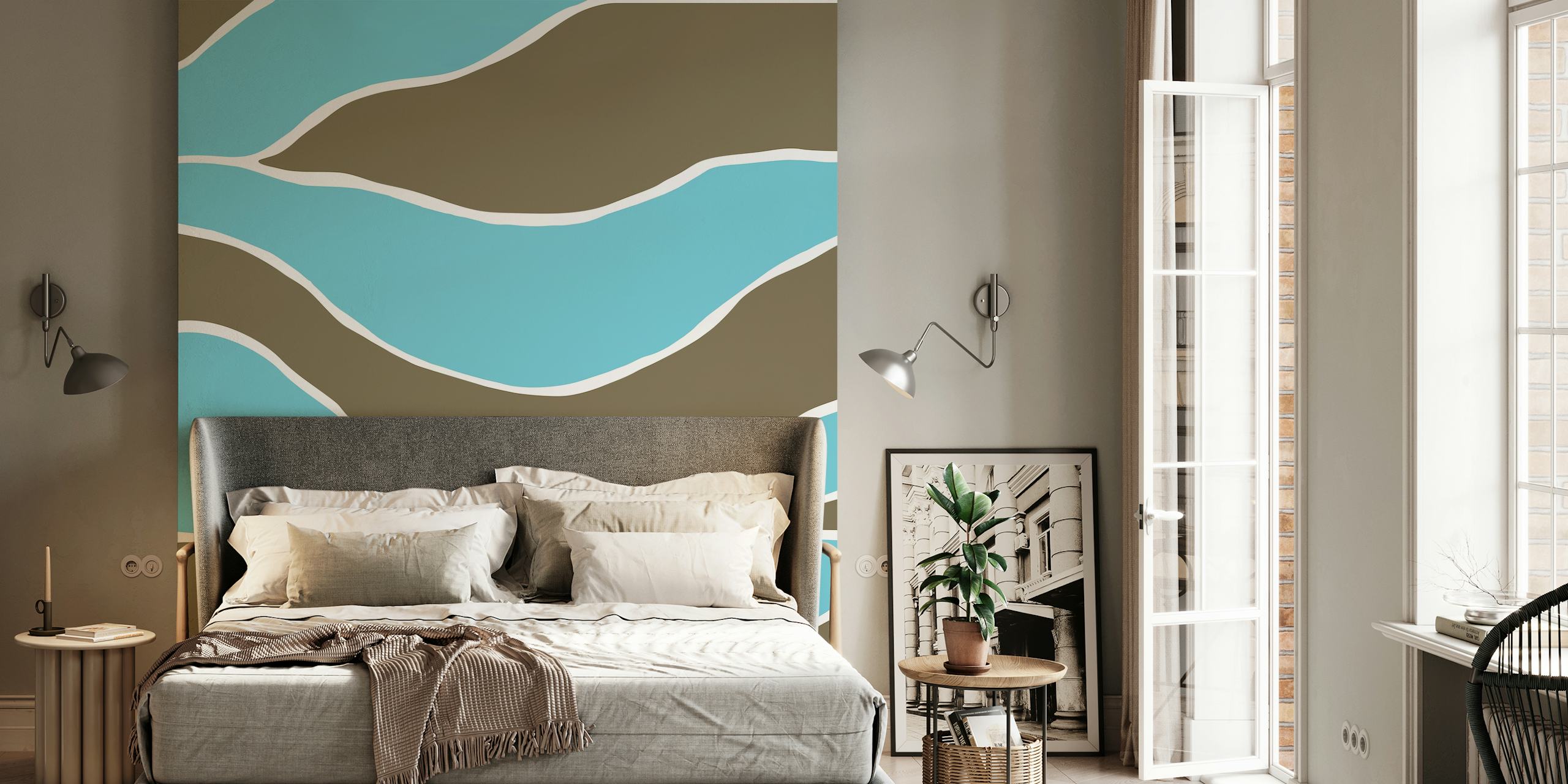 Abstract wavy pattern wallpaper in brown, teal and white.