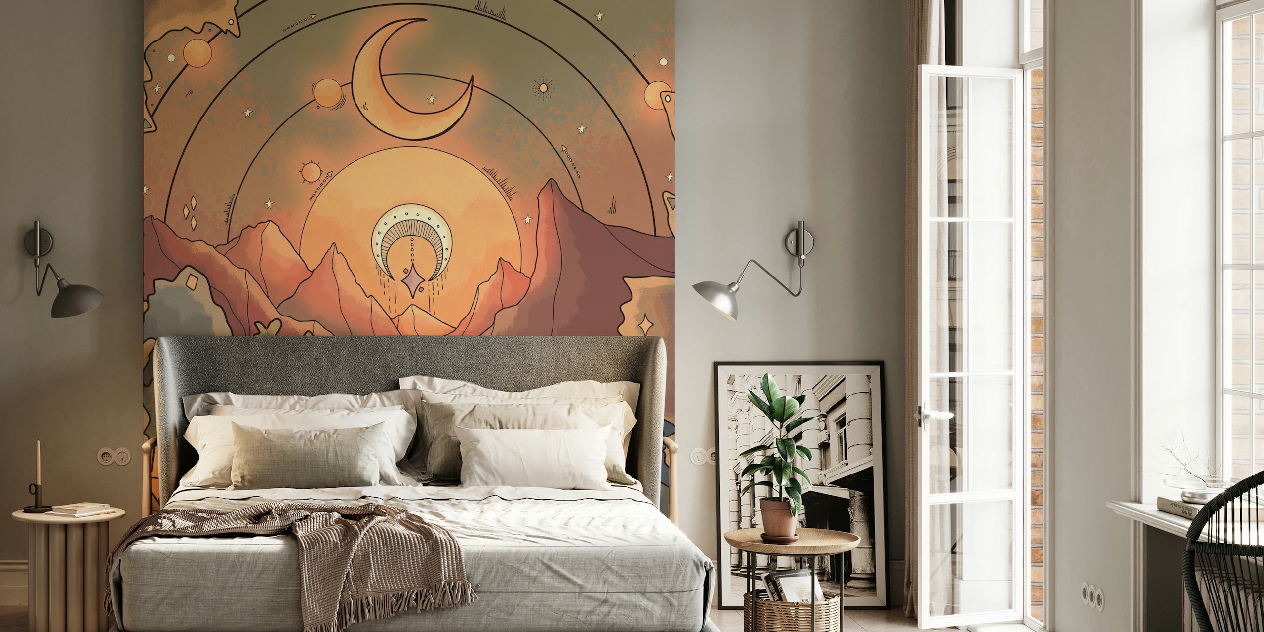 Enchanted forest wall mural with stars, crescent moon, and hot air balloon