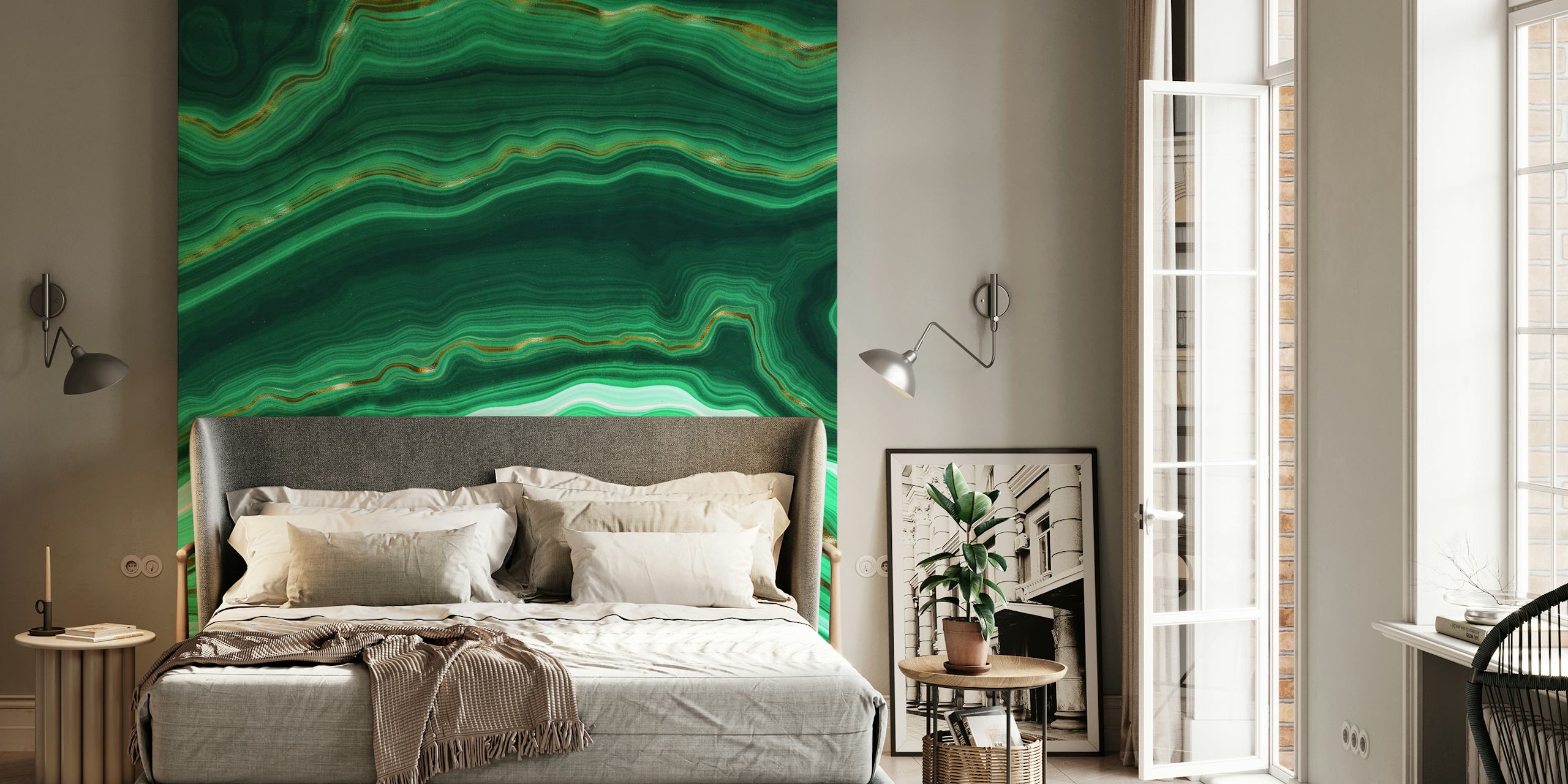Intricate pattern of Green & Gold Malachite Marble Wallpaper