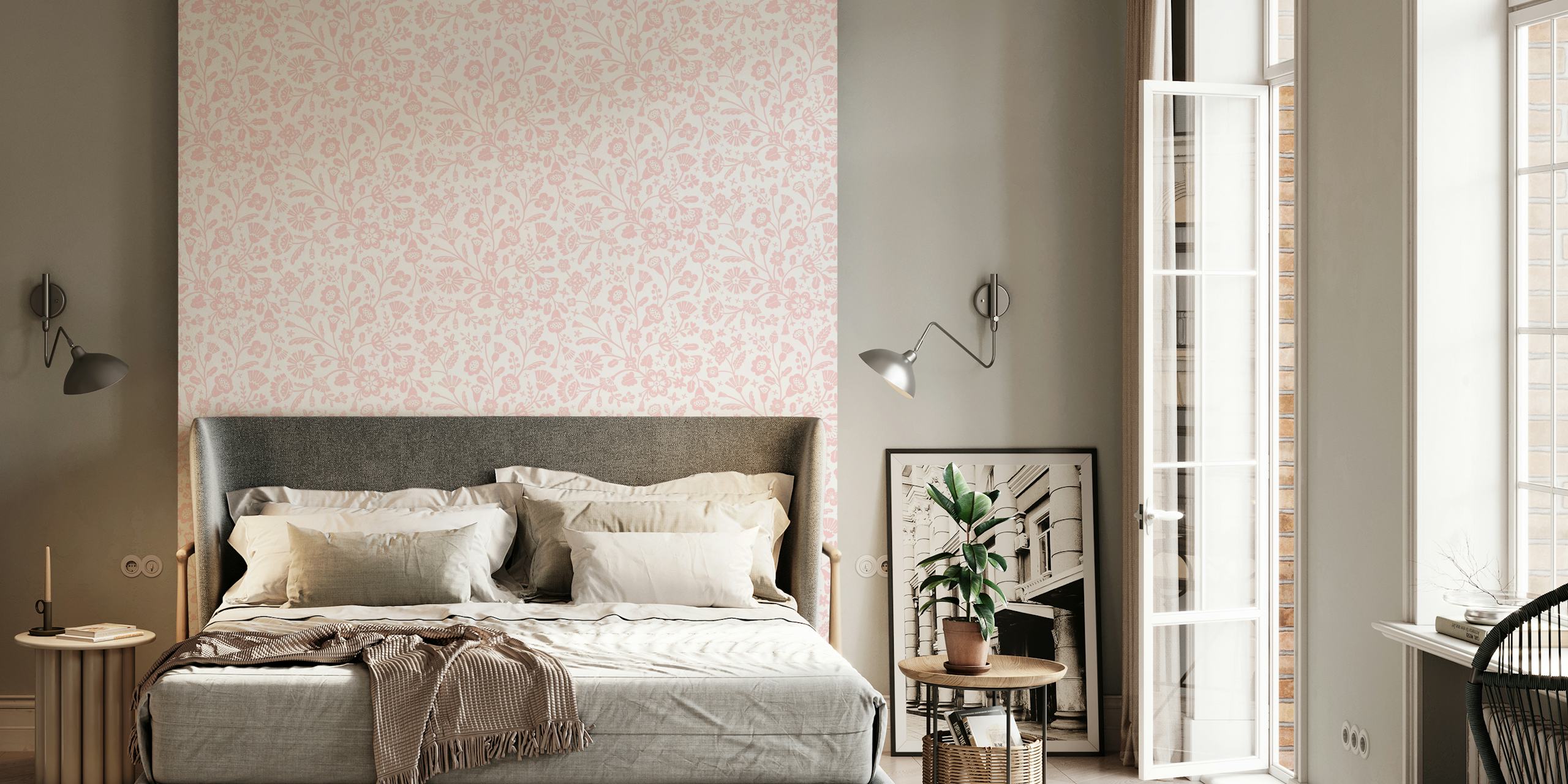 Folk Art Flowers in light pink wallpaper design