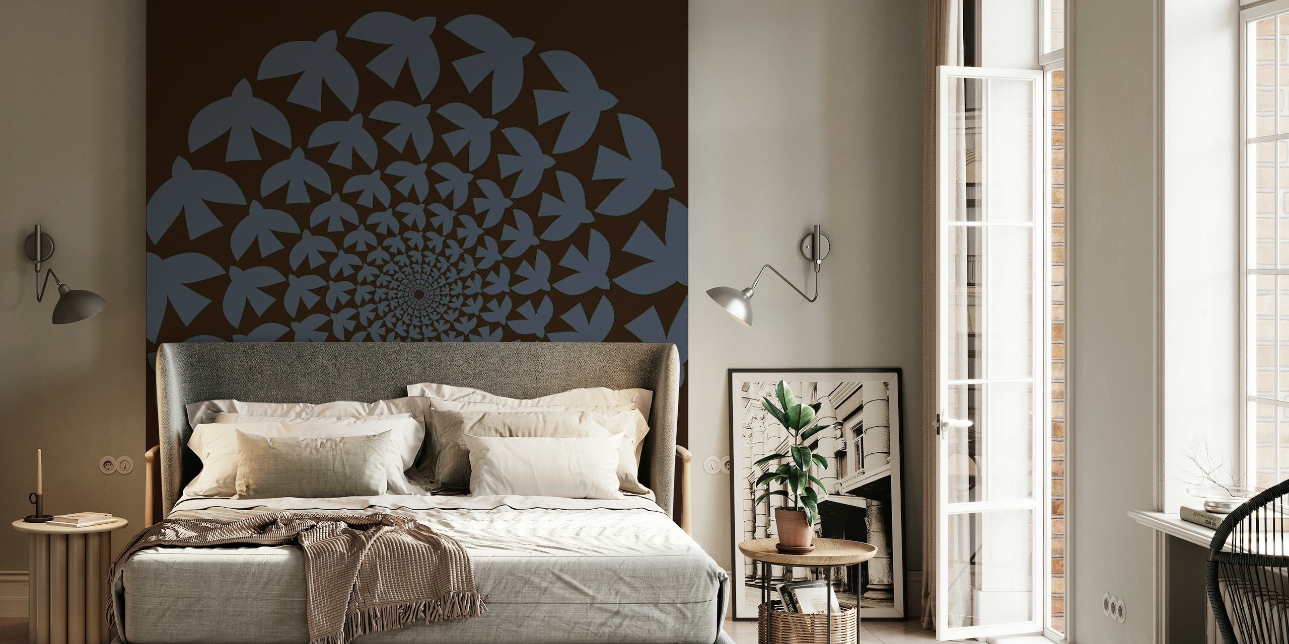 Abstract kaleidoscopic wall mural with black bird silhouettes on a dark brown background