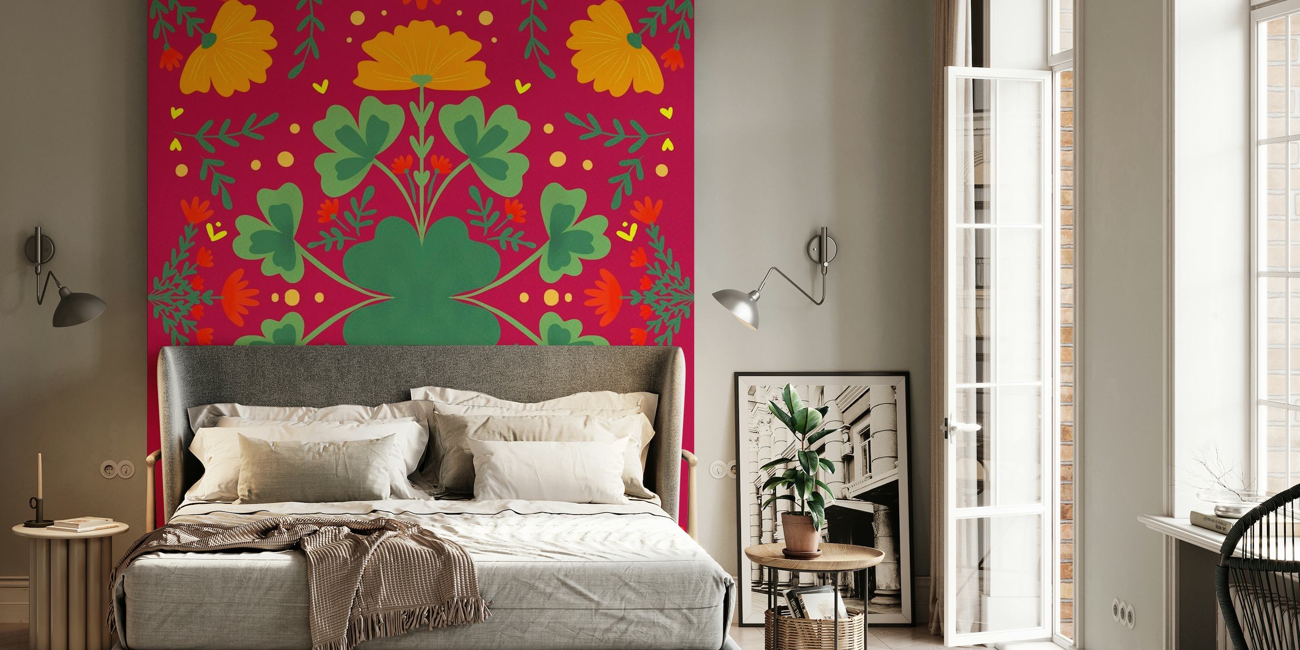 Floral pattern wall mural with green clovers and yellow and red flowers on a vivid red background