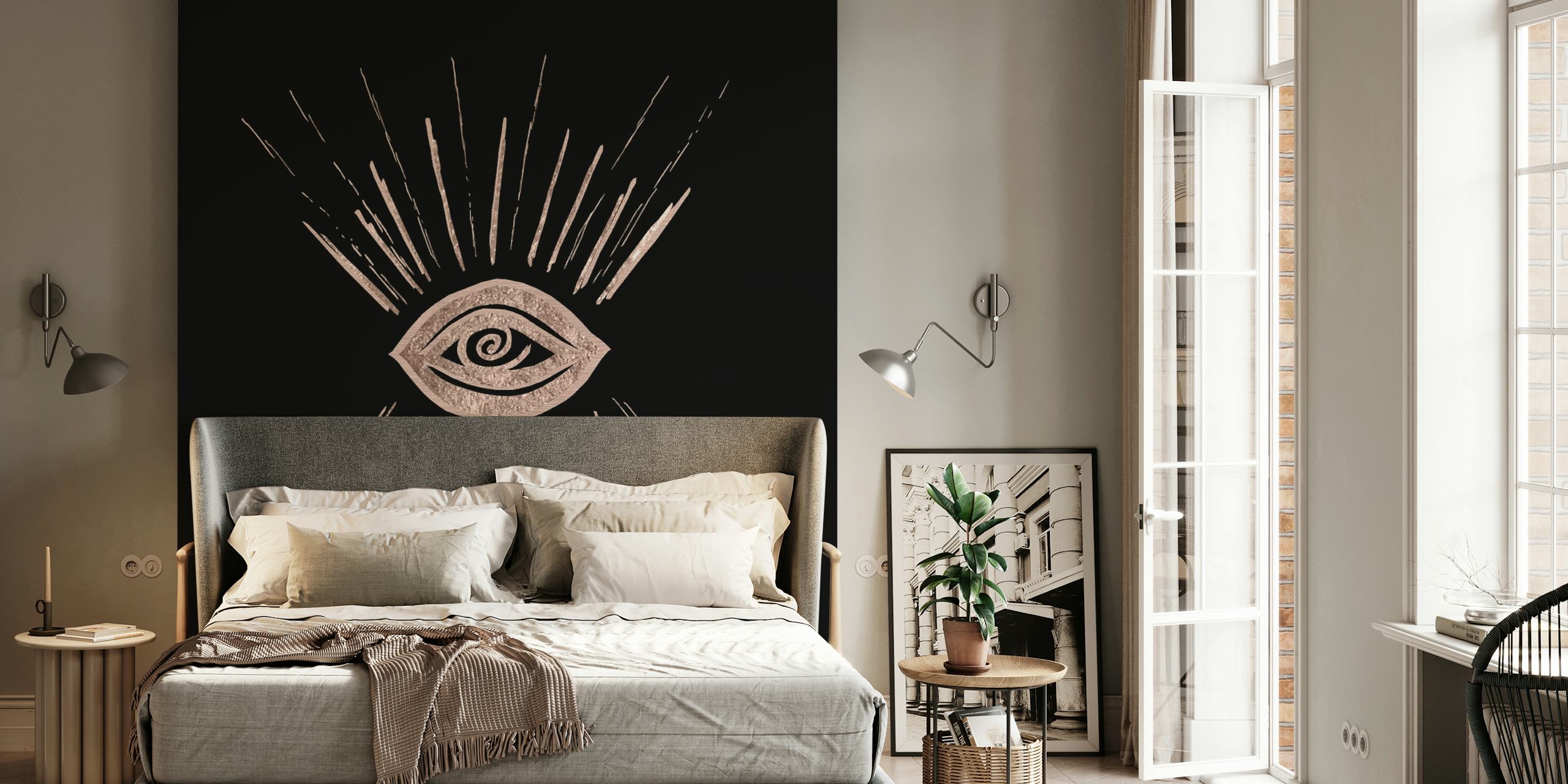 Mural de pared Evil Eye en oro rosa sobre negro con detalles metálicos