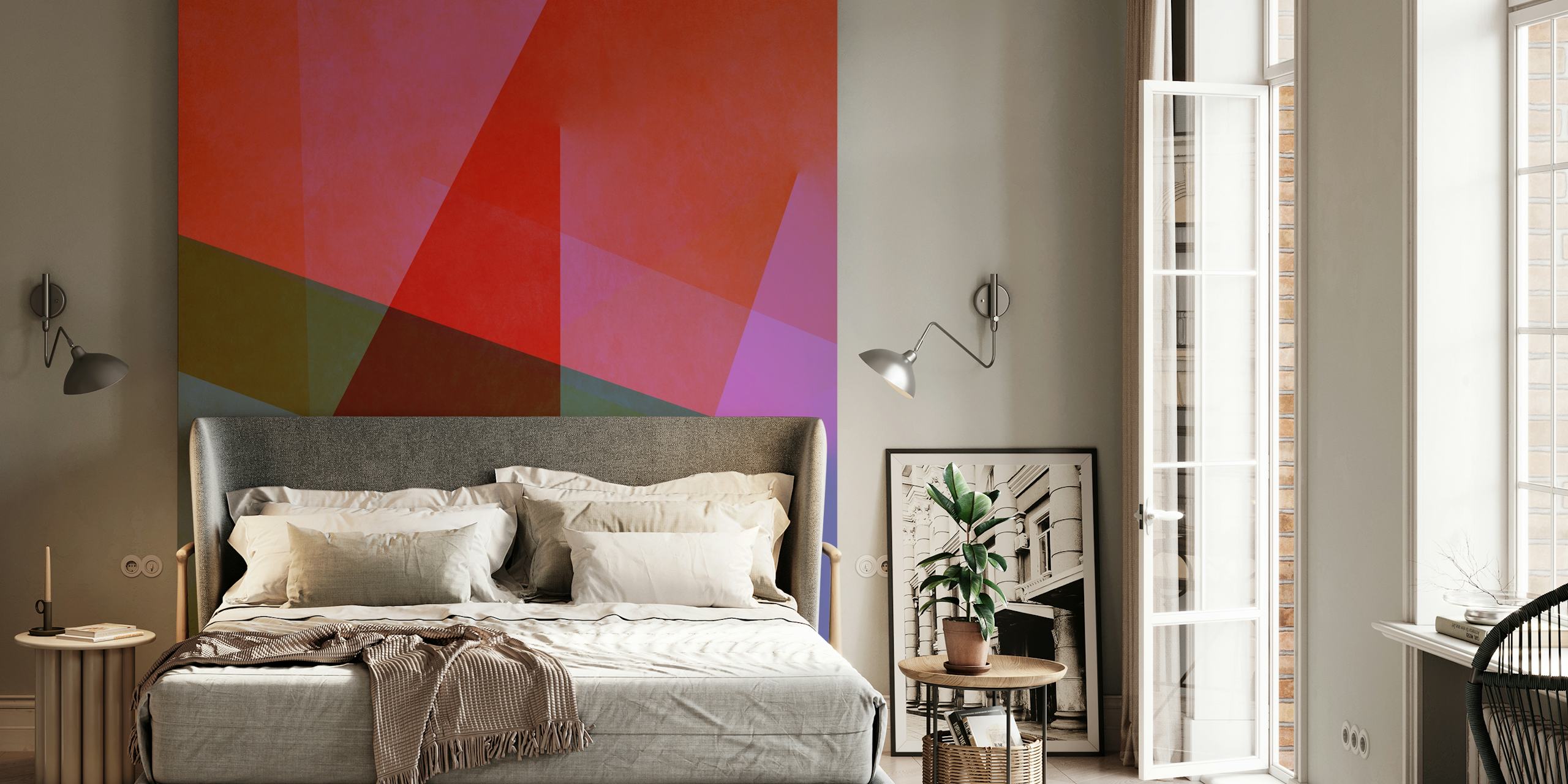 Geometric Concept 47 zidna slika koja prikazuje isprepletene oblike u crvenim, narančastim i maslinastim tonovima