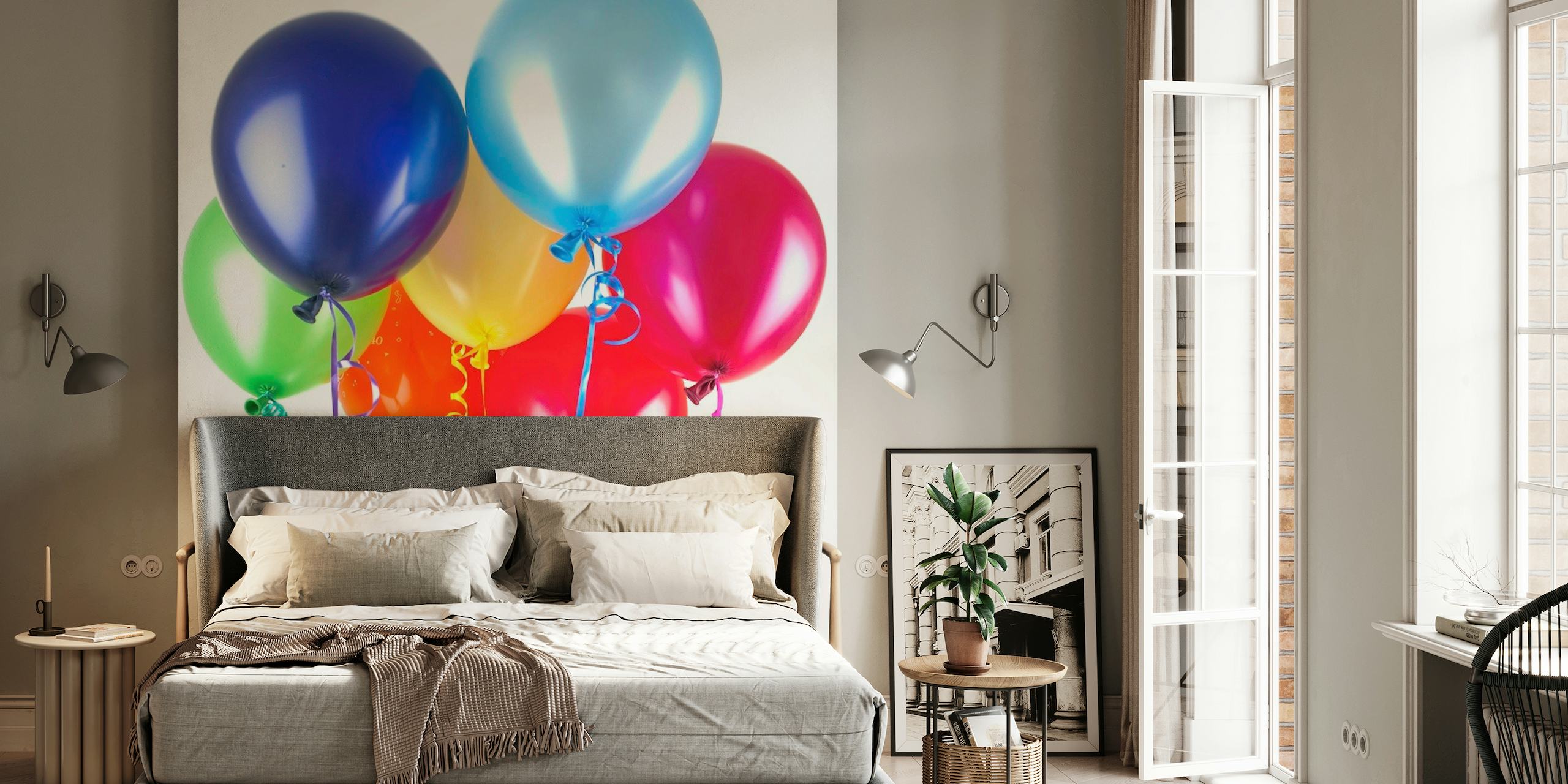 A vibrant array of colorful balloons in a wall mural