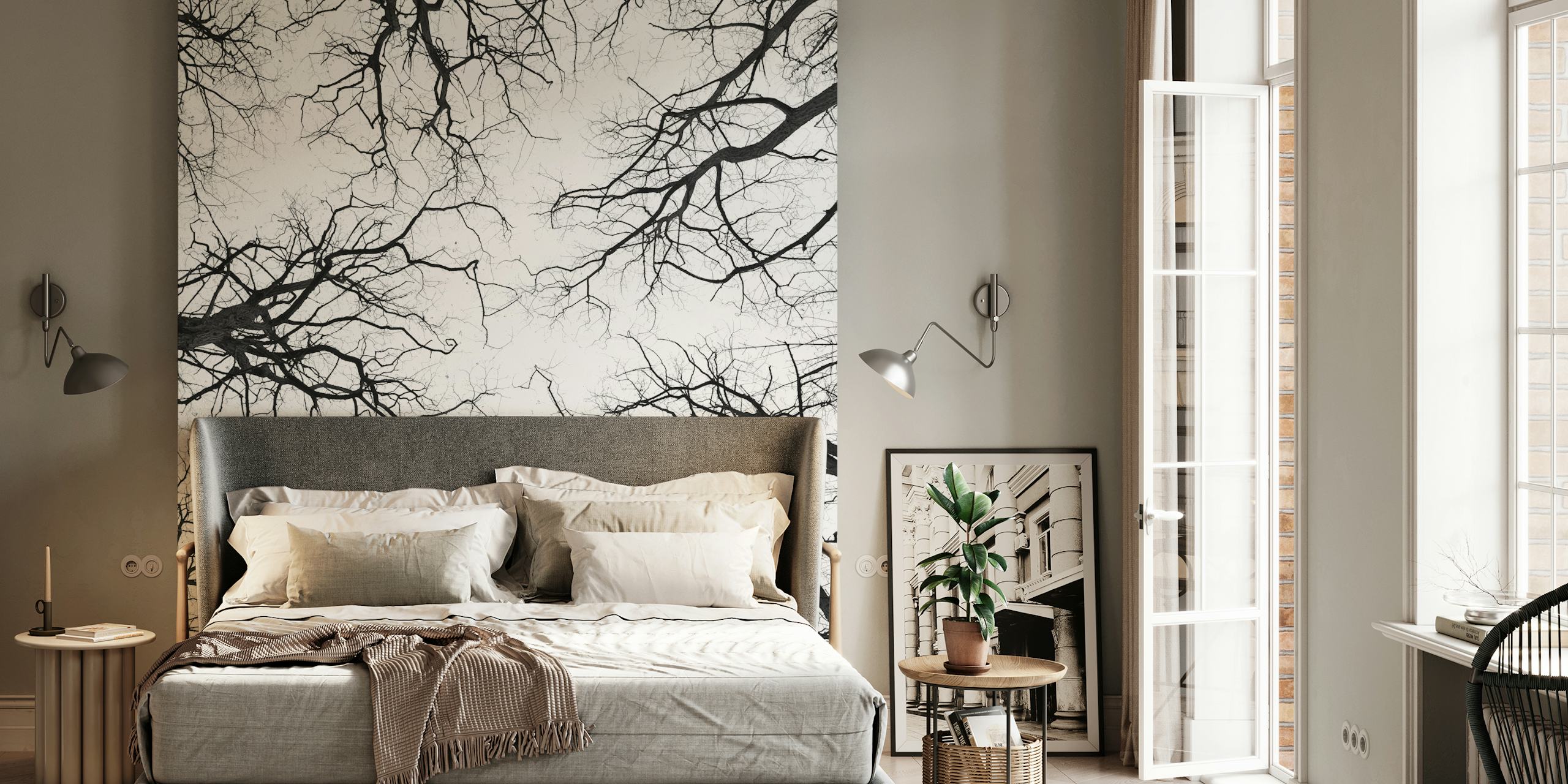 Black and white aerial view of tree branches wall mural