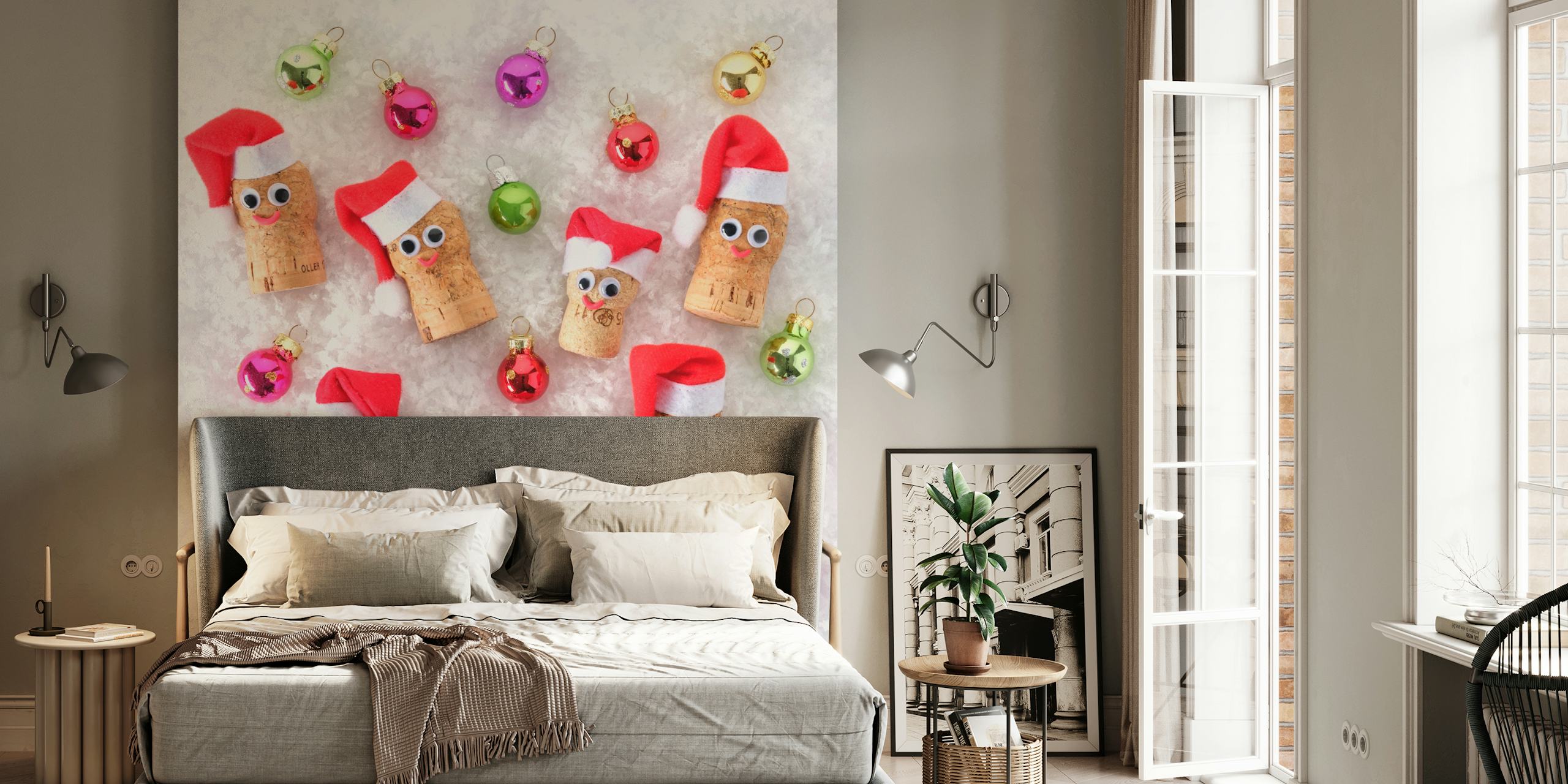 Divertente murale natalizio con tappi di sughero decorati con cappelli di Babbo Natale e palline colorate su uno sfondo innevato