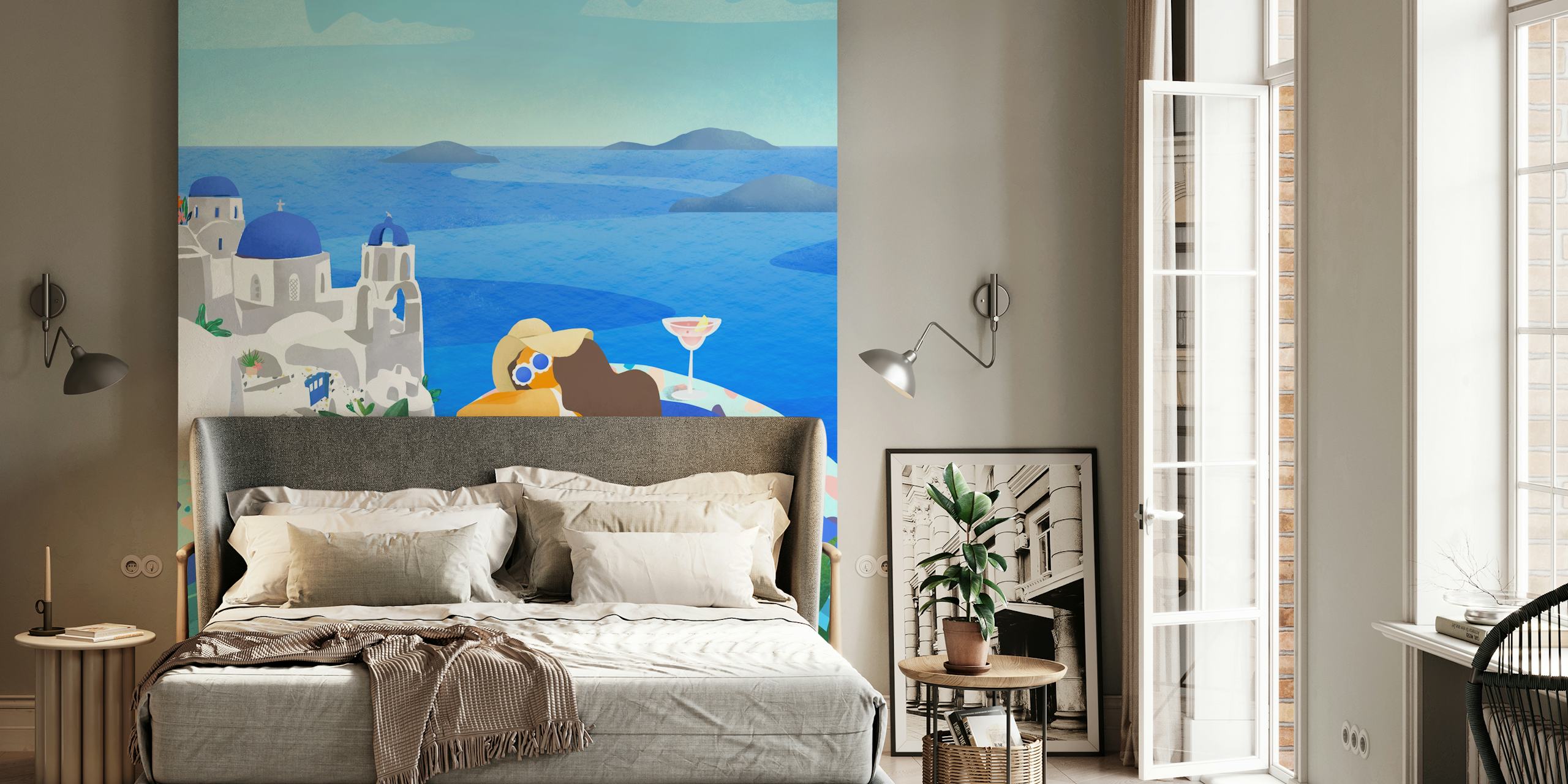 Mural animado de cena de verão grego com cúpulas azuis, piscina infinita e vista para o mar