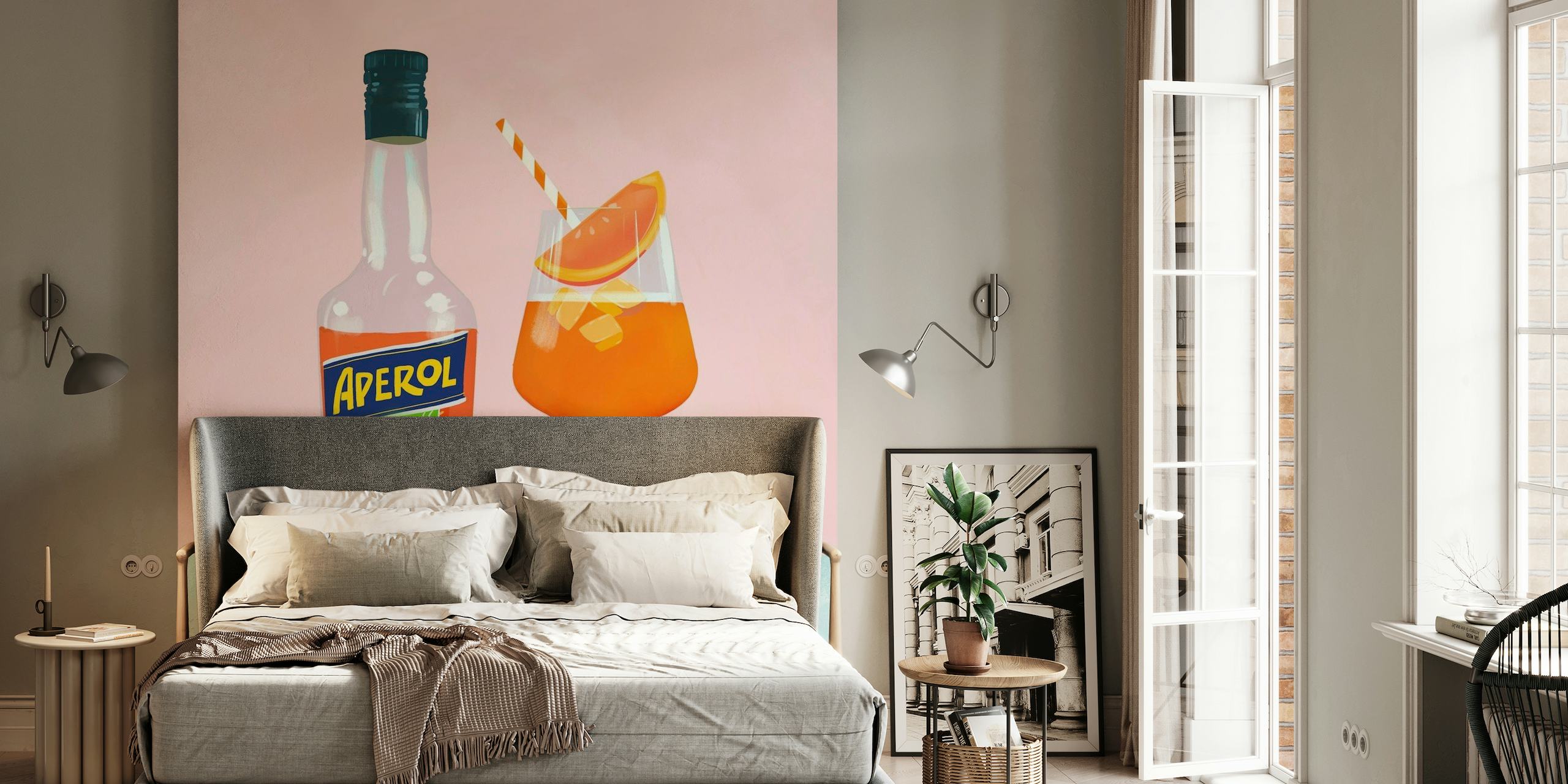Aperol Spritz wall mural with bottle and cocktail glass against a pink background