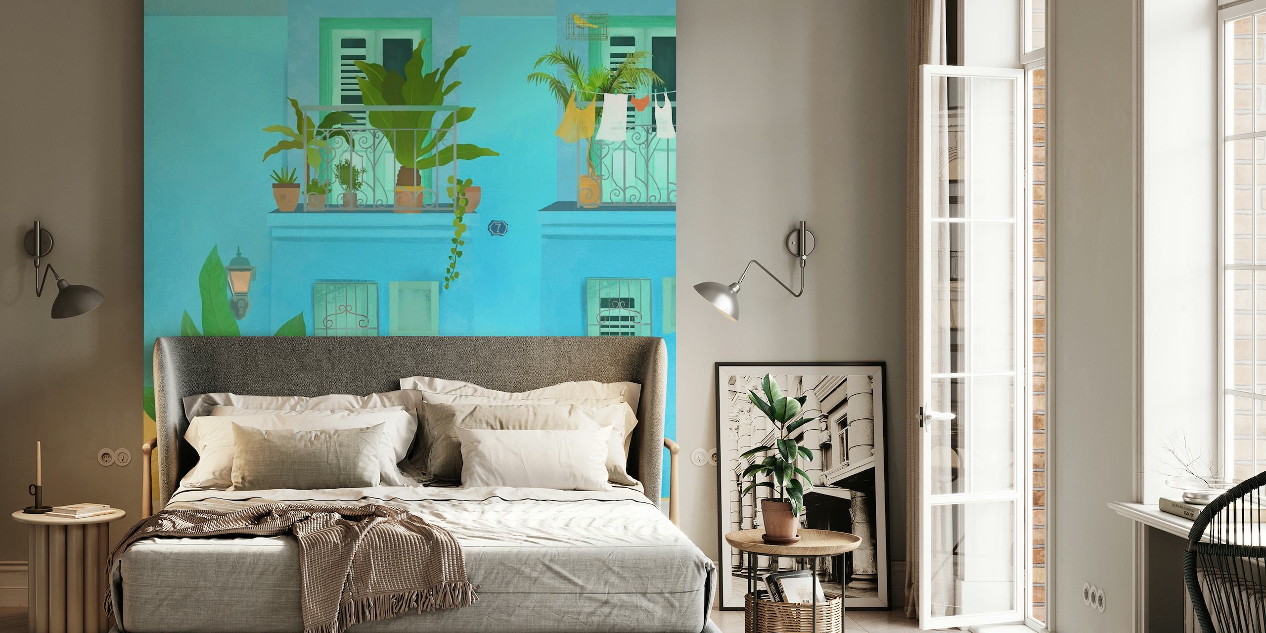 Cuban street scene wall mural with blue building, green plants, and a person sitting