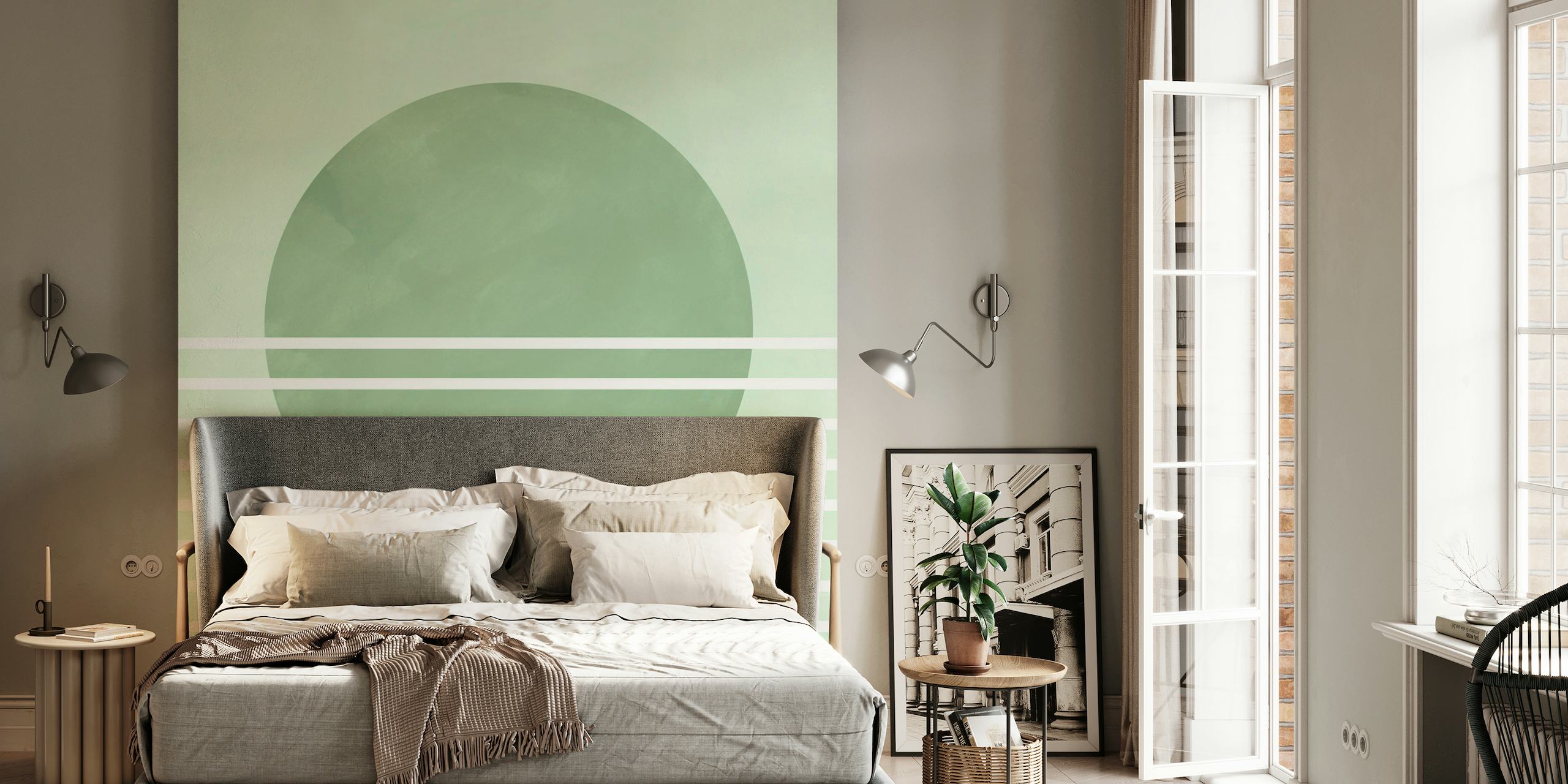 Abstract wall mural with soft green circle and horizontal stripes
