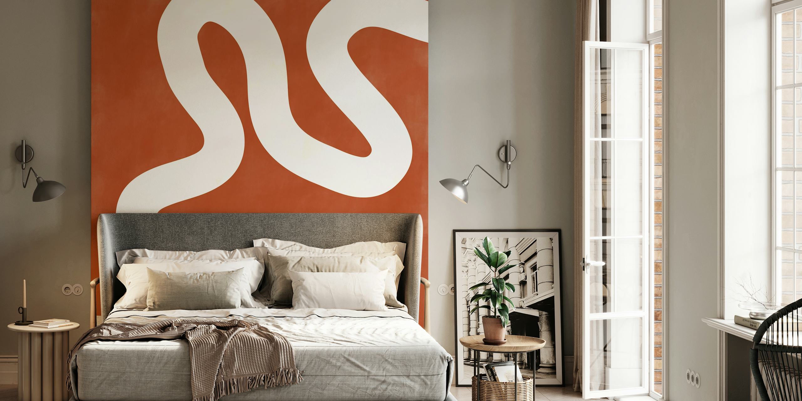 Abstract white curves on a terracotta background wallpaper