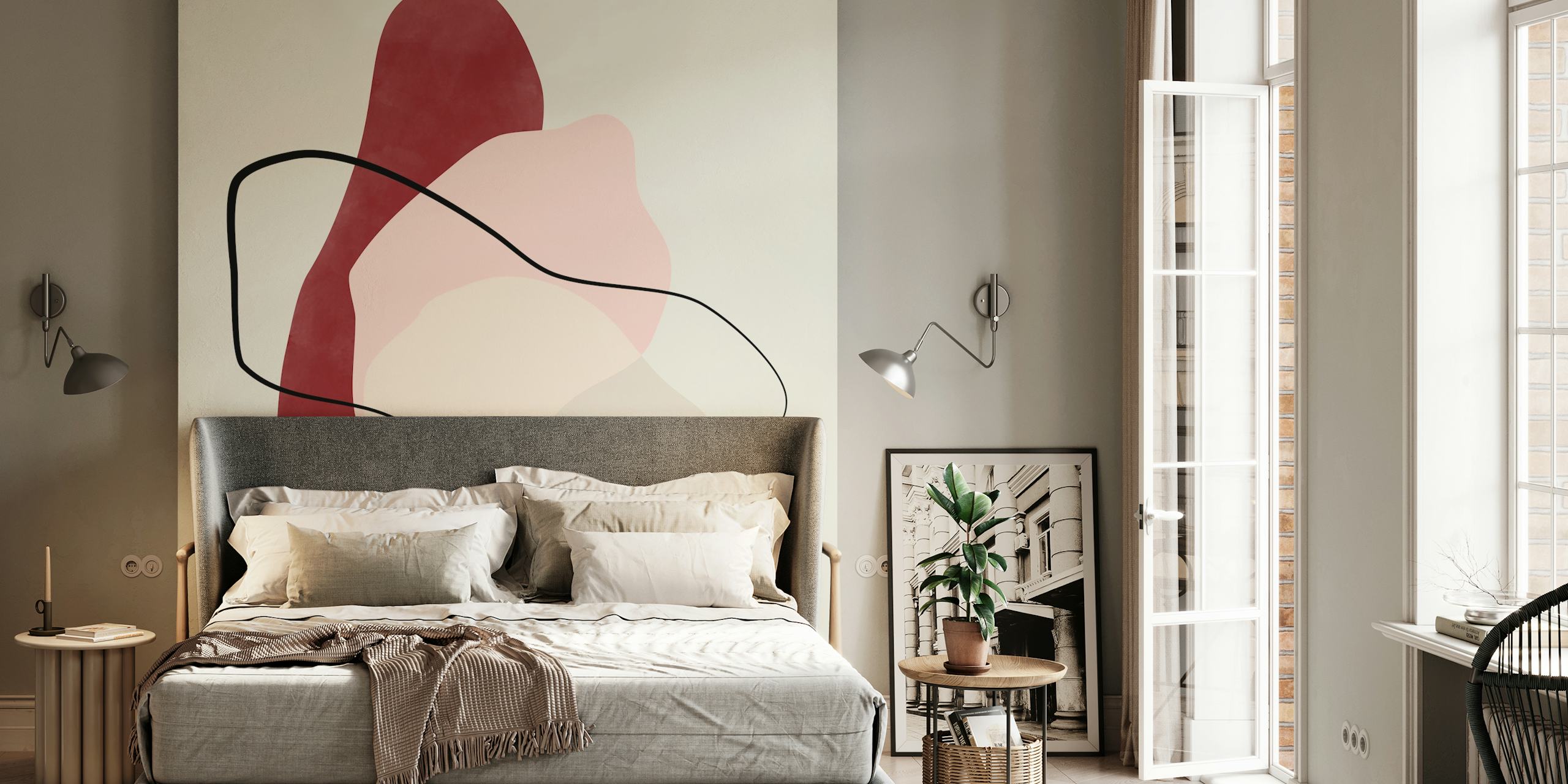 Mural de parede abstrato com tons vermelhos e pastéis e linhas fluidas