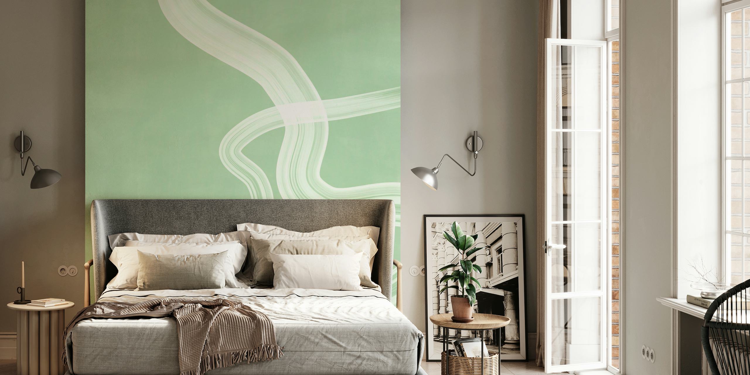 Soft green wall mural with abstract wavy lines design