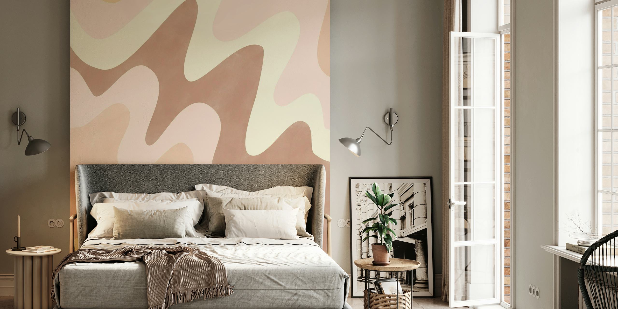 Soft pink, beige, and ochre abstract shapes wall mural