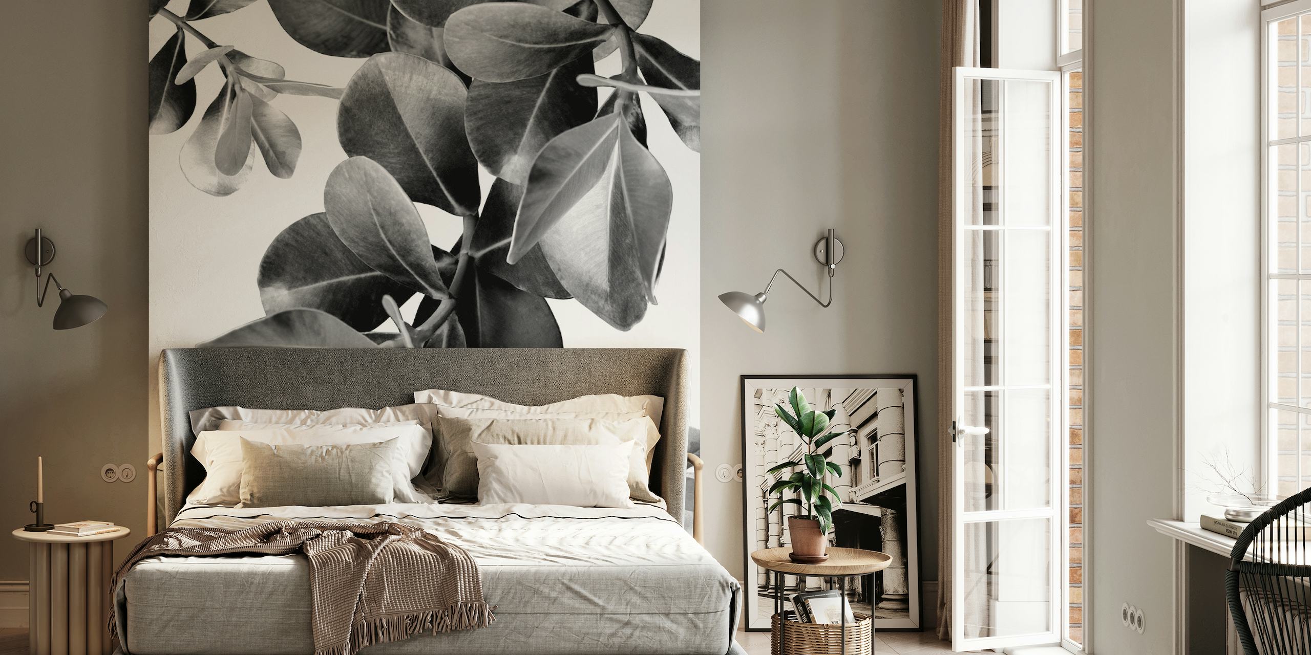 Monochrome wall mural of ficus leaves with serene and natural design from happywall.com