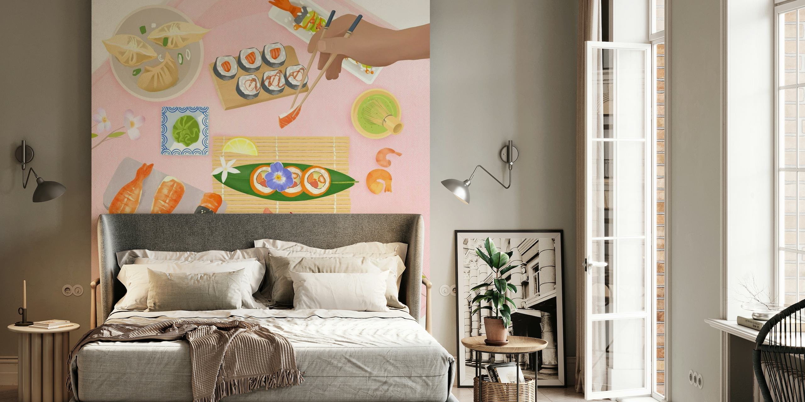 Wall mural of an assorted sushi spread with various sushi and sashimi pieces on a pink background