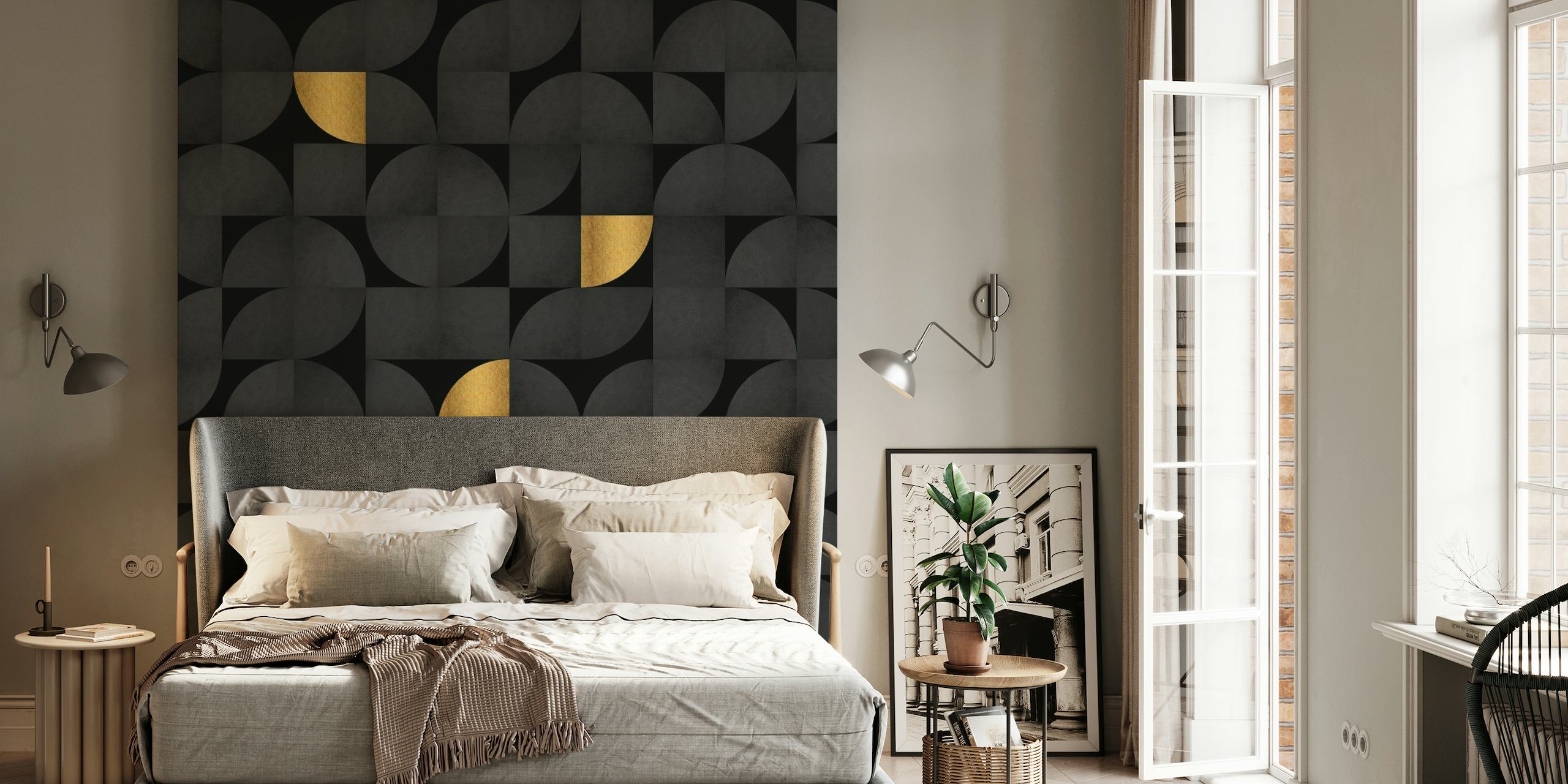Mid-Century Black and Luxury Gold Pattern behang
