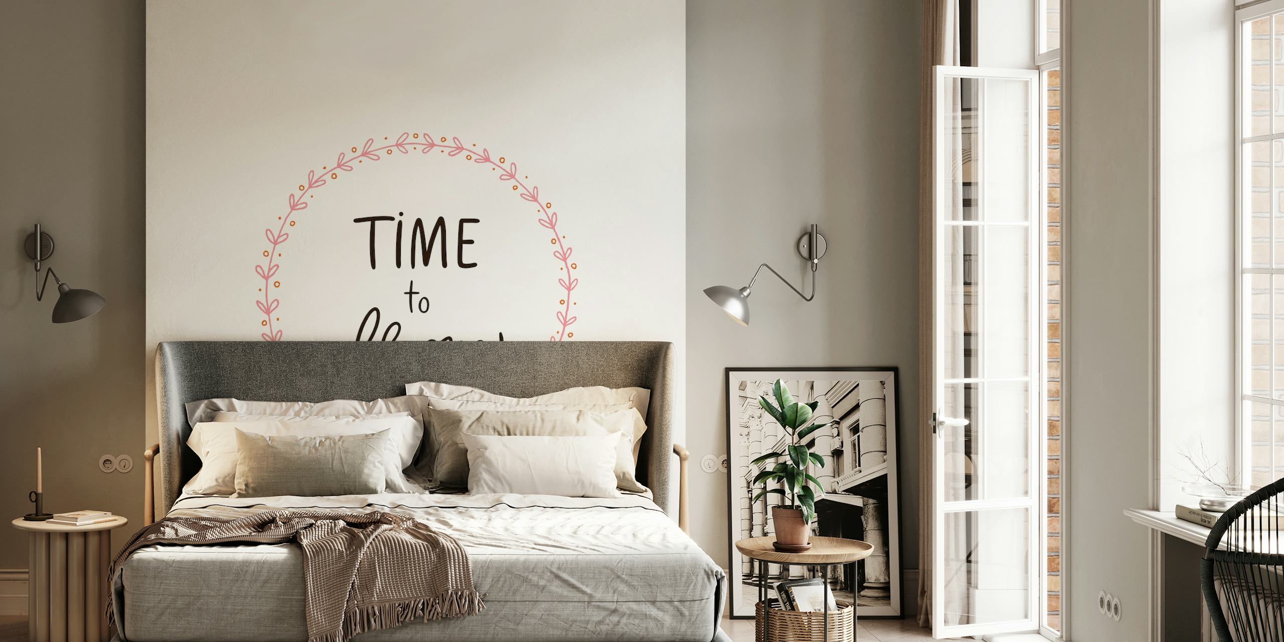 Floral design with 'Time to Bloom' lettering and pink accents wallpaper