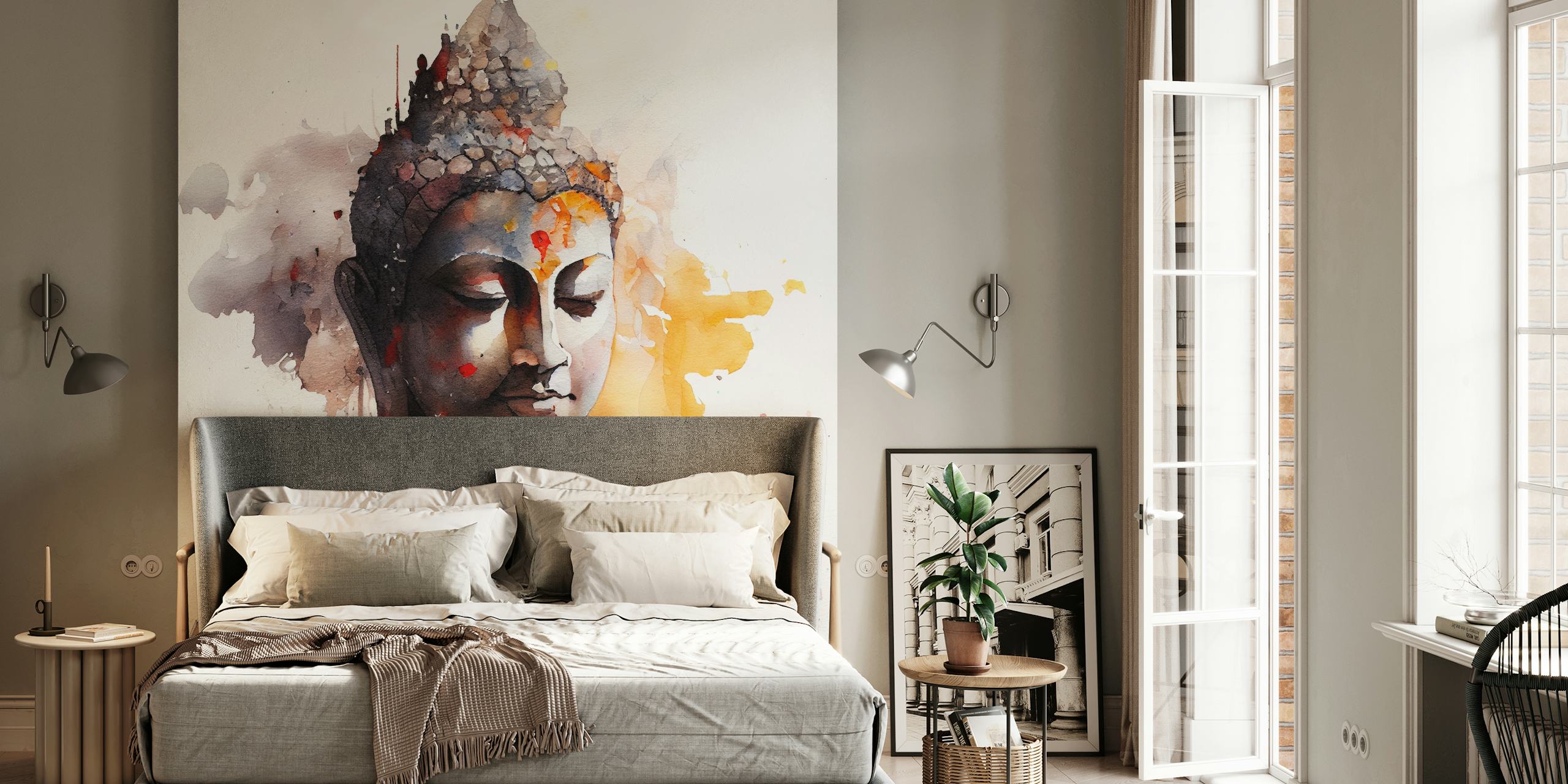 Watercolor Buddha painting with golden and gray tones wall mural.